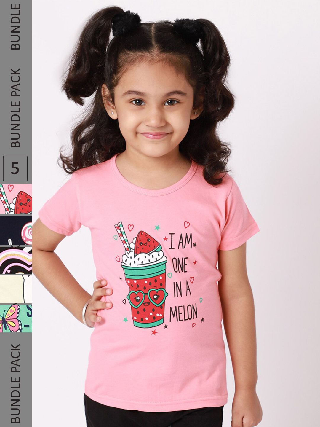 

BAESD Girls Pack Of 5 Typography Printed Cotton T-shirt, Pink