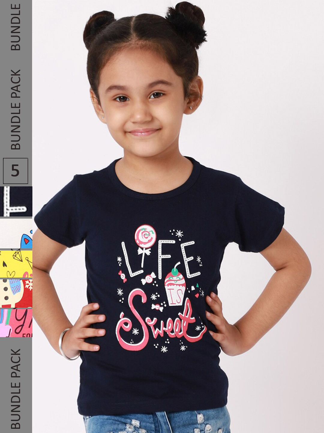 

BAESD Girls Pack Of 5 Graphic Printed Cotton T-Shirt, Navy blue