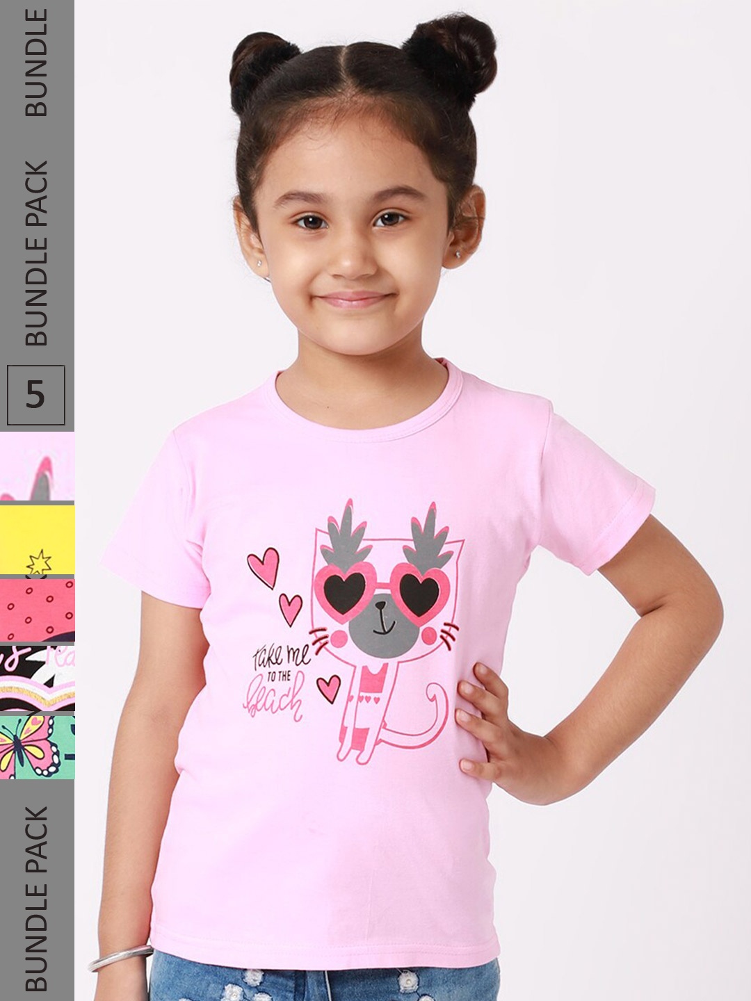 

BAESD Girls Pack Of 5 Typography Printed Cotton T-shirt, Pink