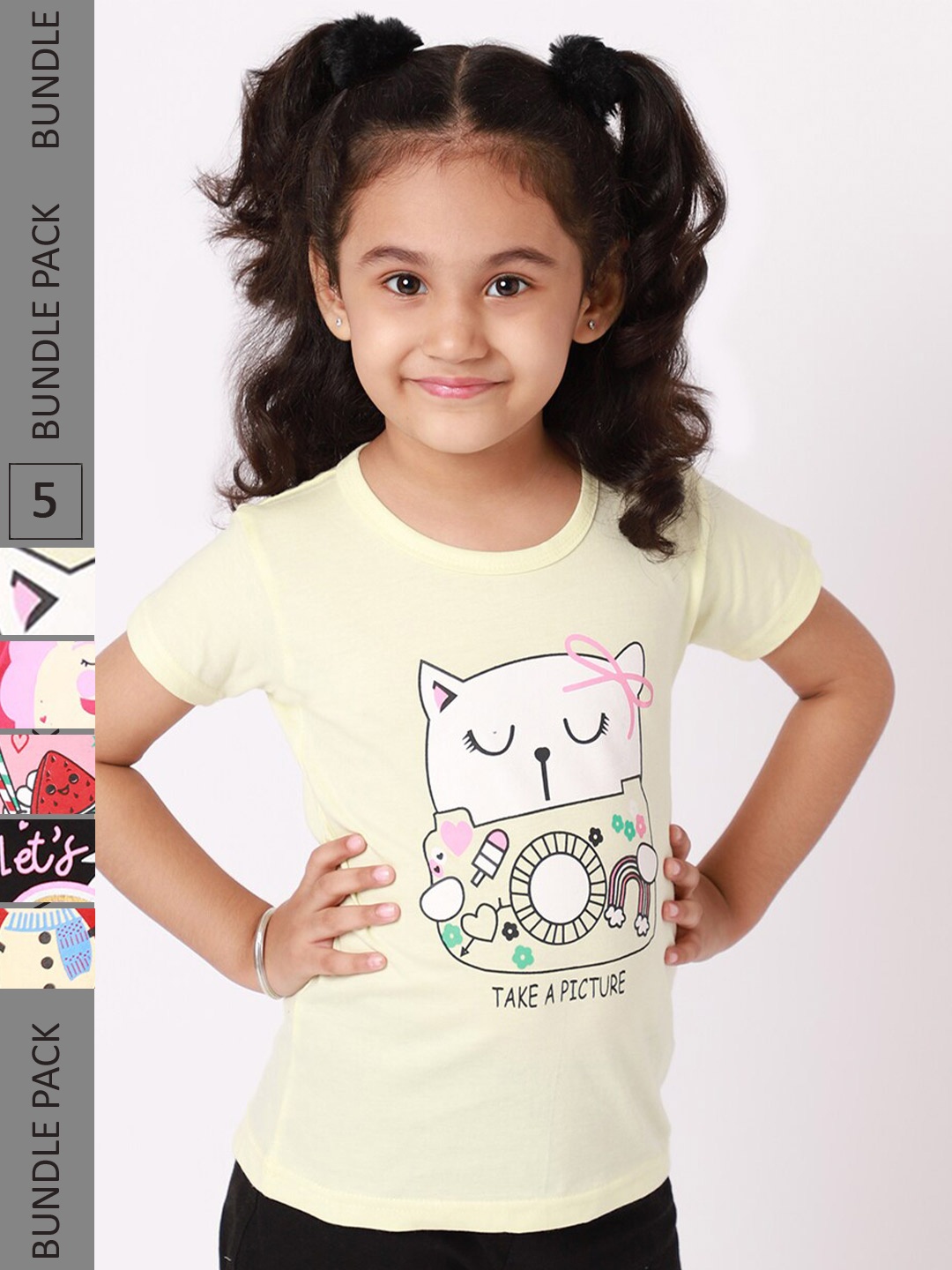 

BAESD Girls Pack Of 5 Printed Cotton T-shirt, Yellow
