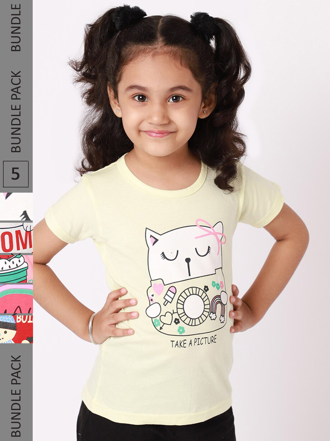 

BAESD Girls Pack Of 5 Printed Cotton T-shirt, Yellow