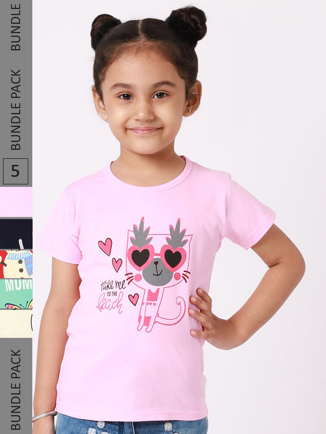 

BAESD Girls Pack Of 5 Graphic Printed Cotton T-shirt, Pink