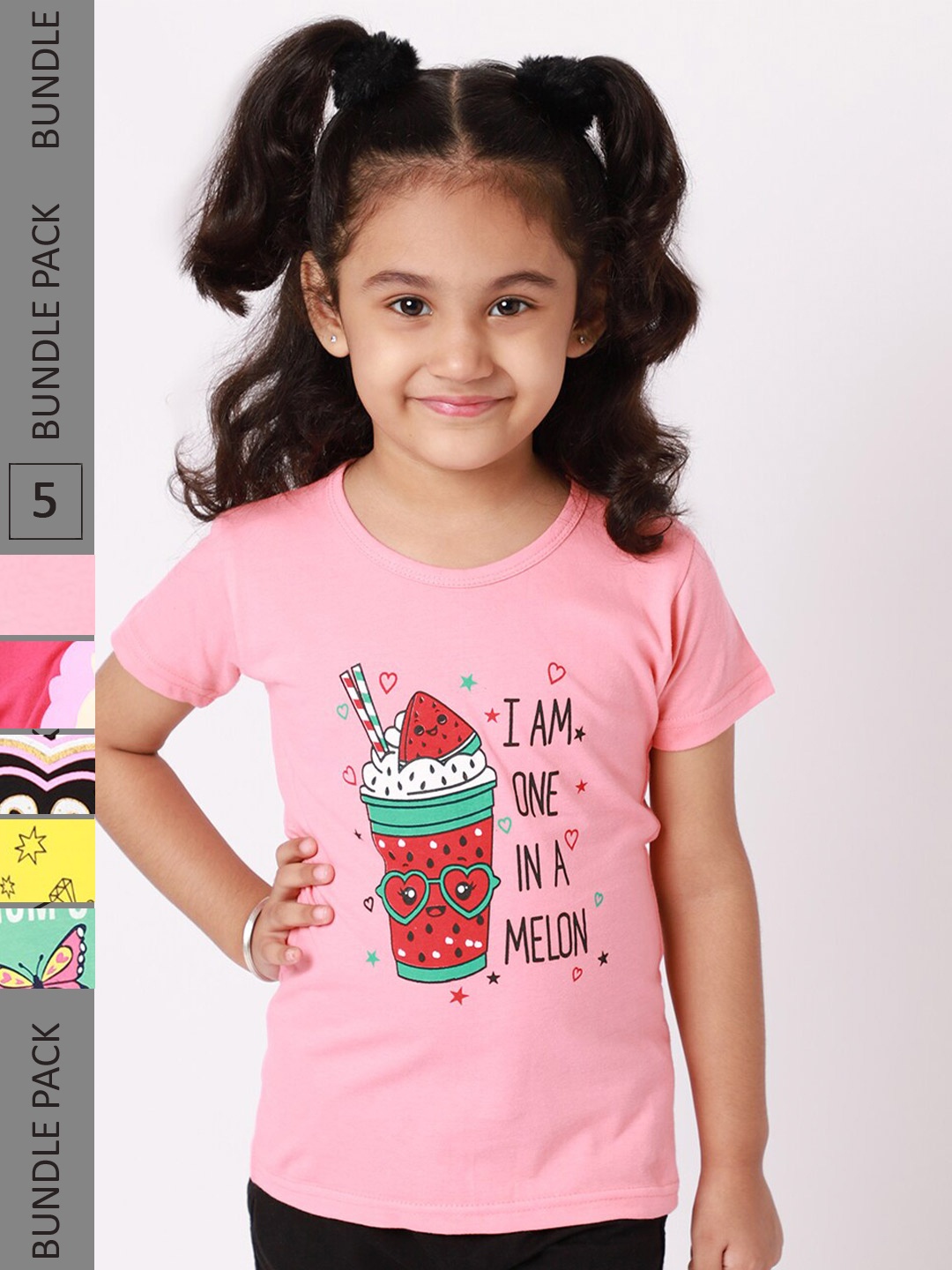

BAESD Girls Pack Of 5 Graphic Printed Cotton T-Shirt, Pink