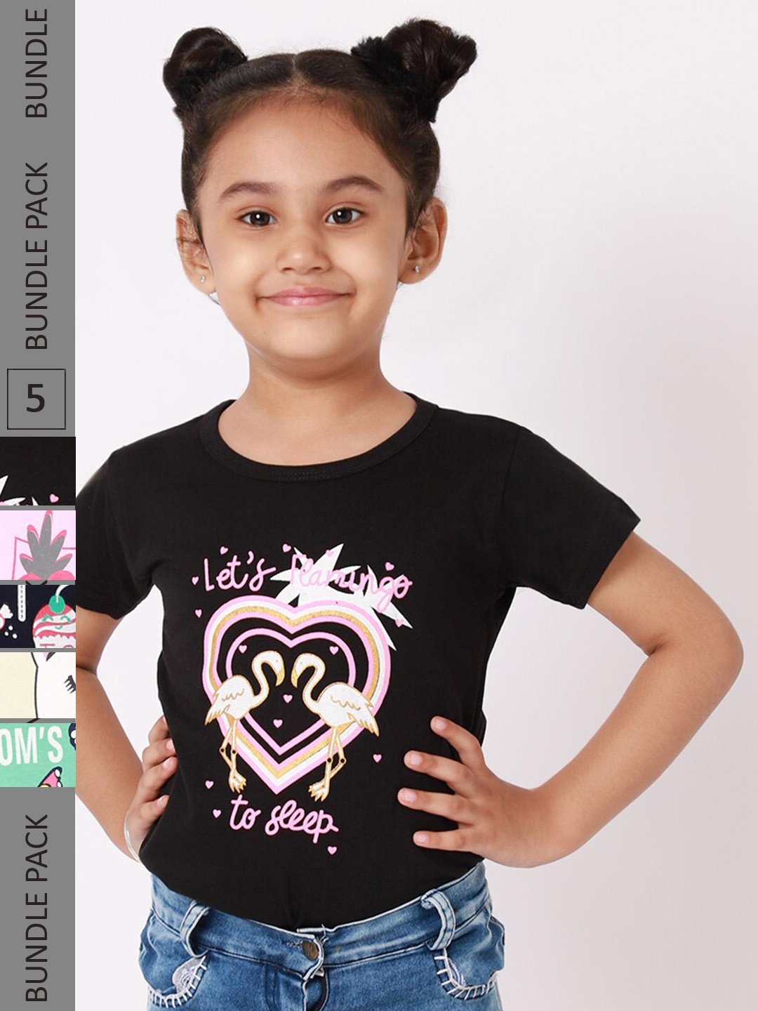 

BAESD Girls Pack Of 5 Printed Cotton T-shirt, Black