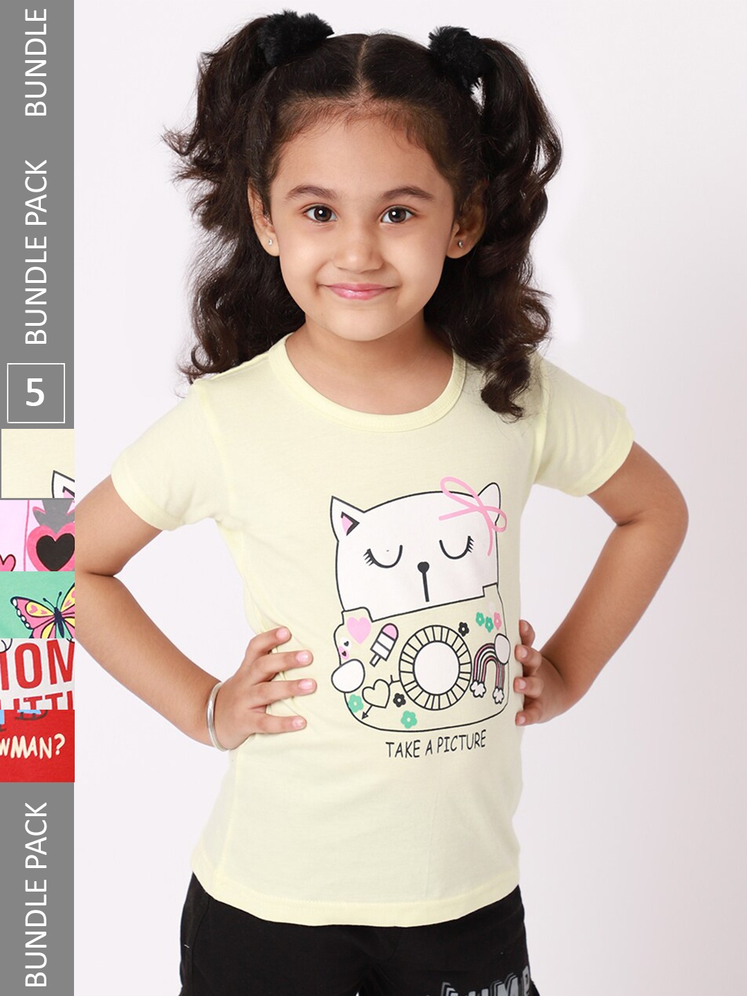 

BAESD Girls Pack Of 5 Graphic Printed Cotton T-shirts, Yellow
