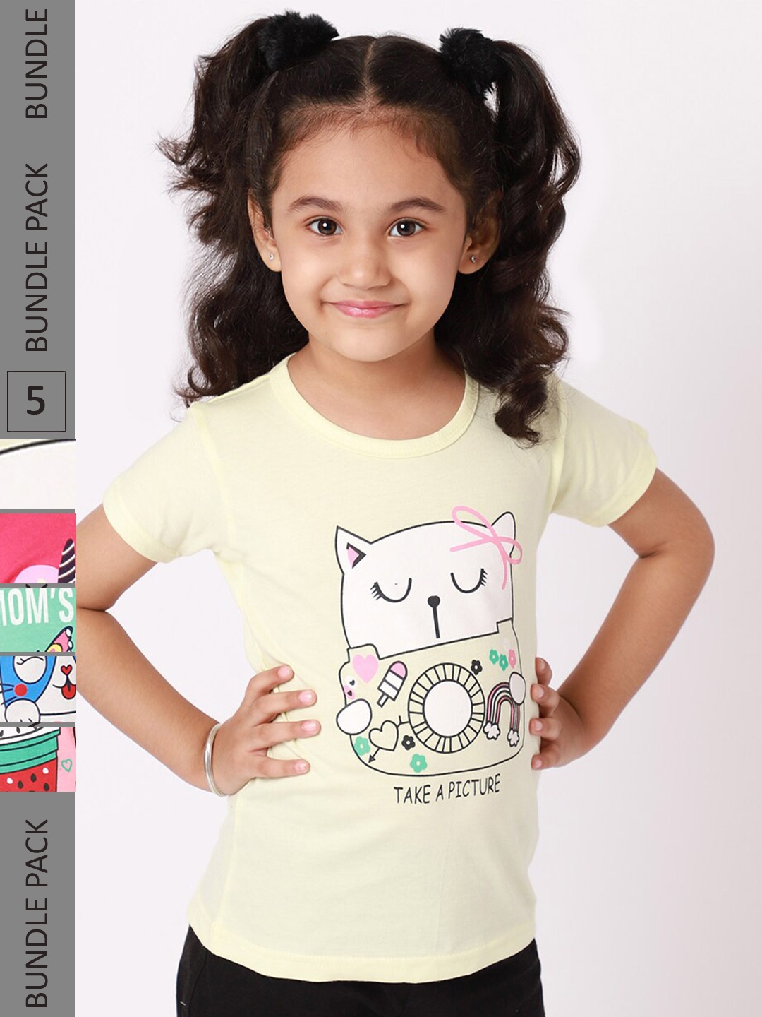 

BAESD Girls Pack Of 5 Graphic Printed Cotton T-shirts, Yellow