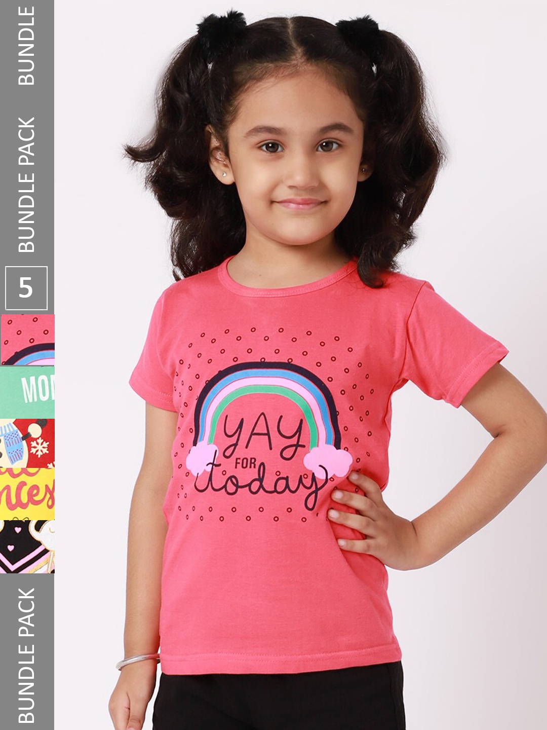 

BAESD Girls Pack Of 5 Typography Printed Cotton T-Shirts, Pink
