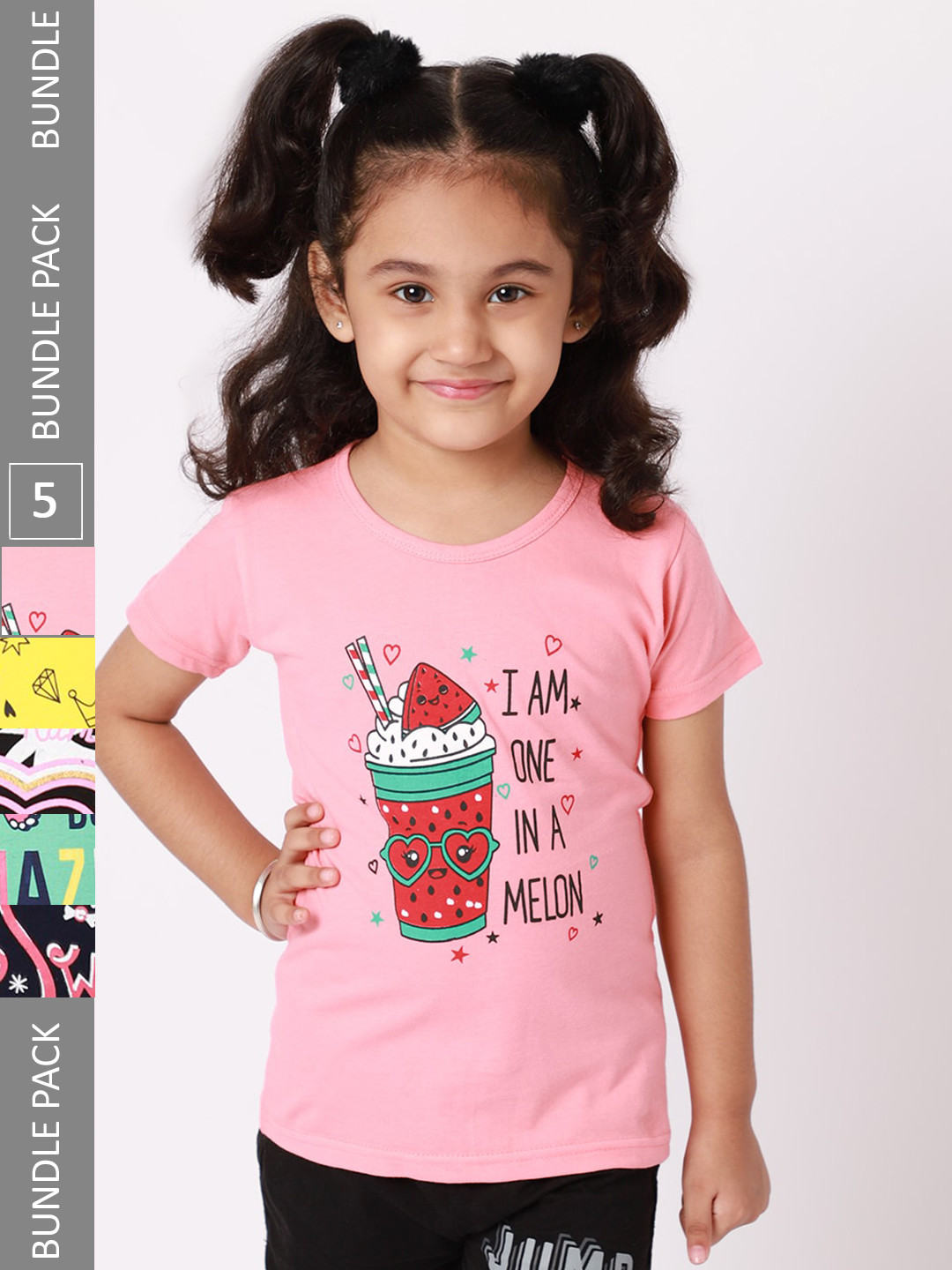 

BAESD Girls Pack Of 5 Printed Pure Cotton T-shirt, Pink