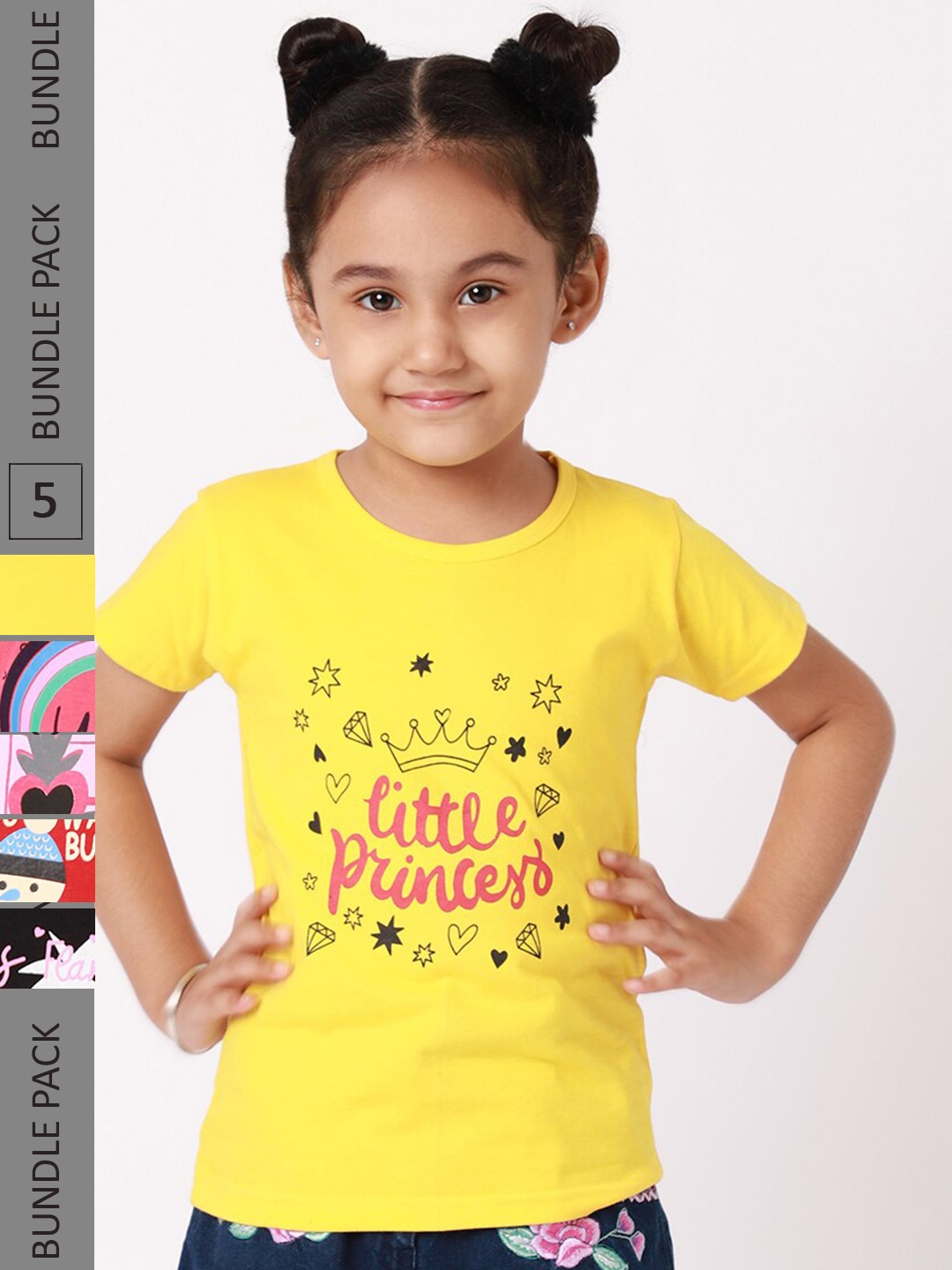 

BAESD Girls Pack Of 5 Graphic Printed Knitted Cotton T-Shirts, Yellow