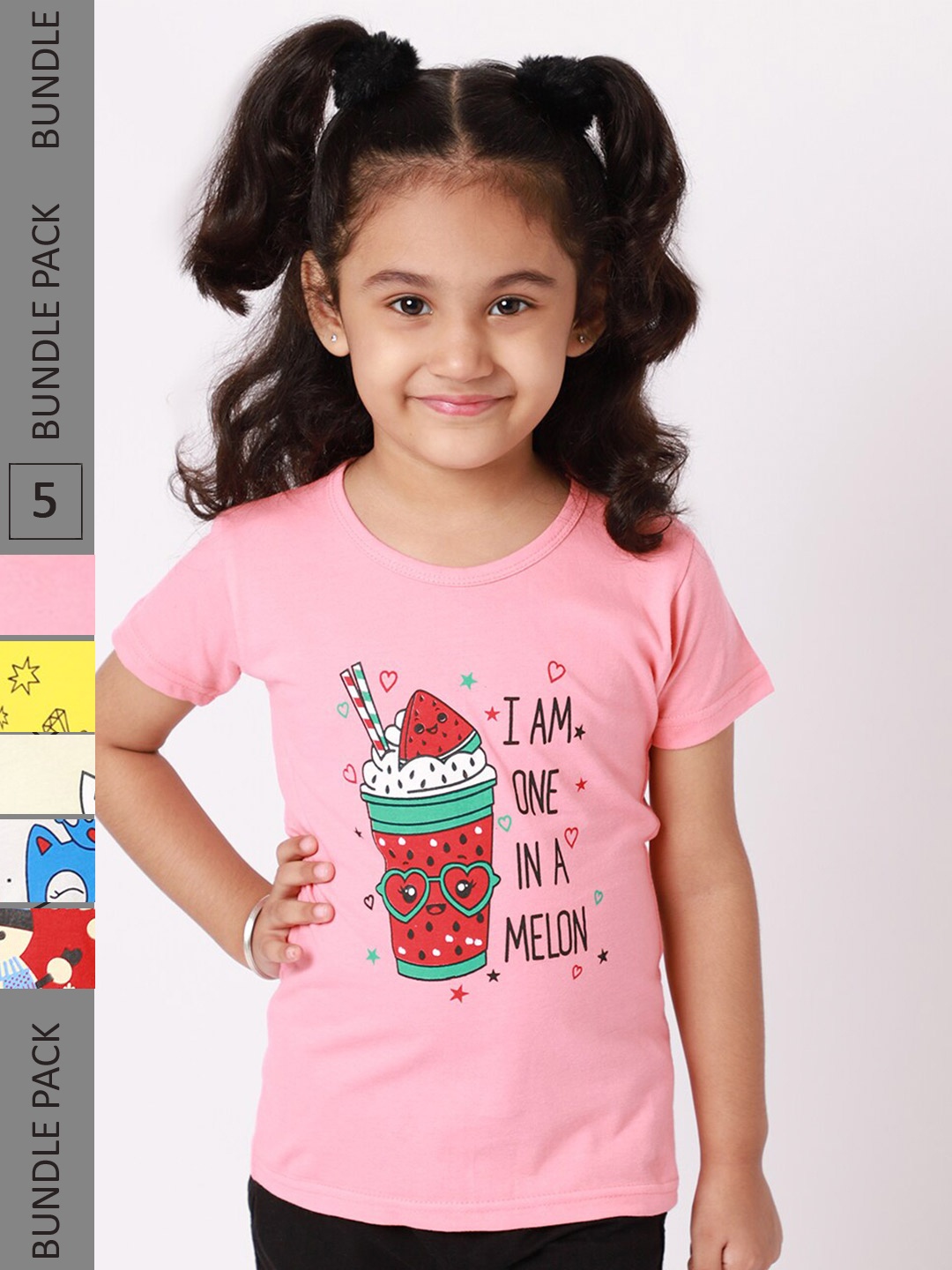 

BAESD Girls Pack Of 5 Printed Cotton T-shirt, Pink