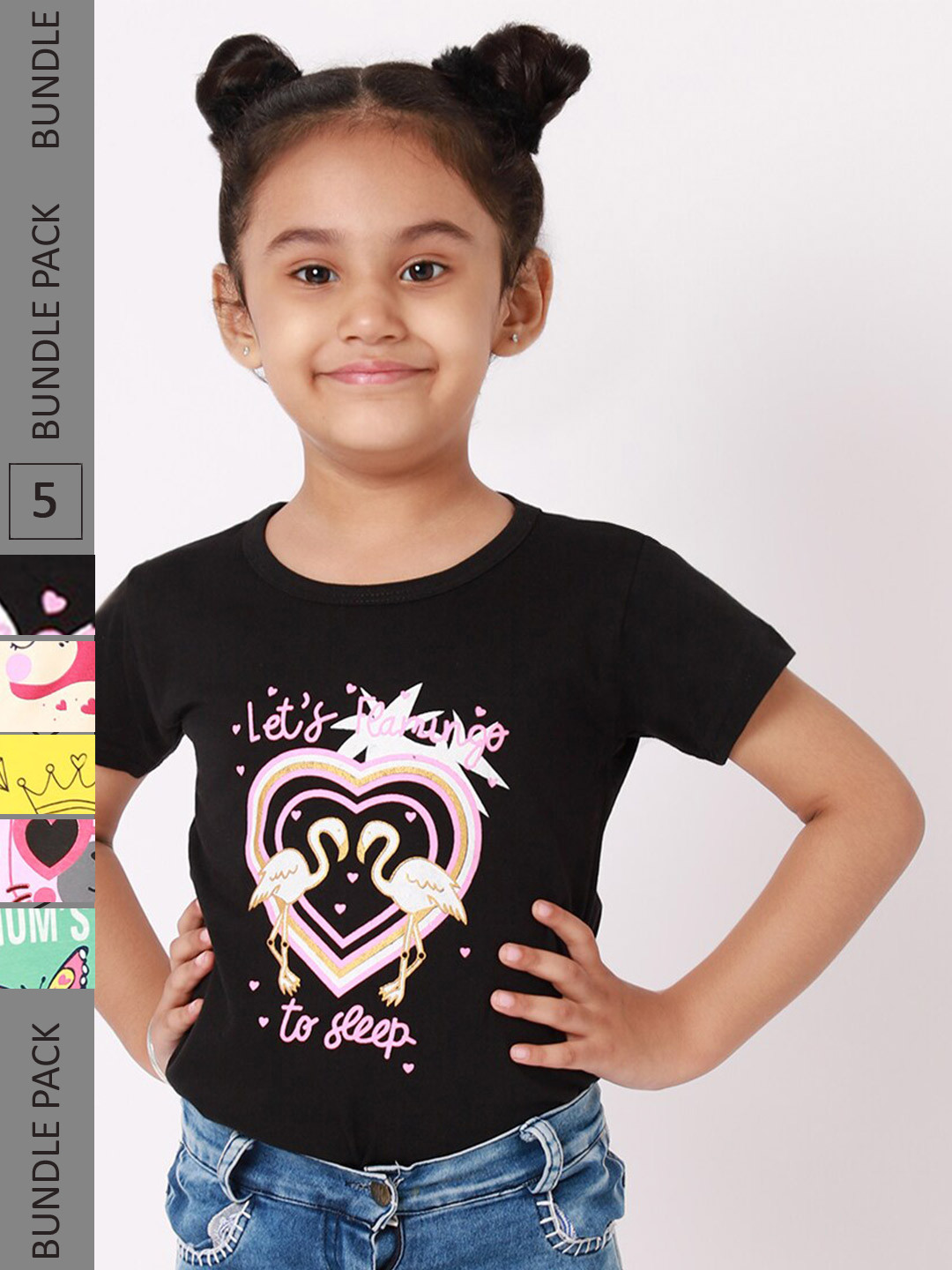 

BAESD Girls Pack Of 5 Graphic Printed Cotton T-shirt, Black