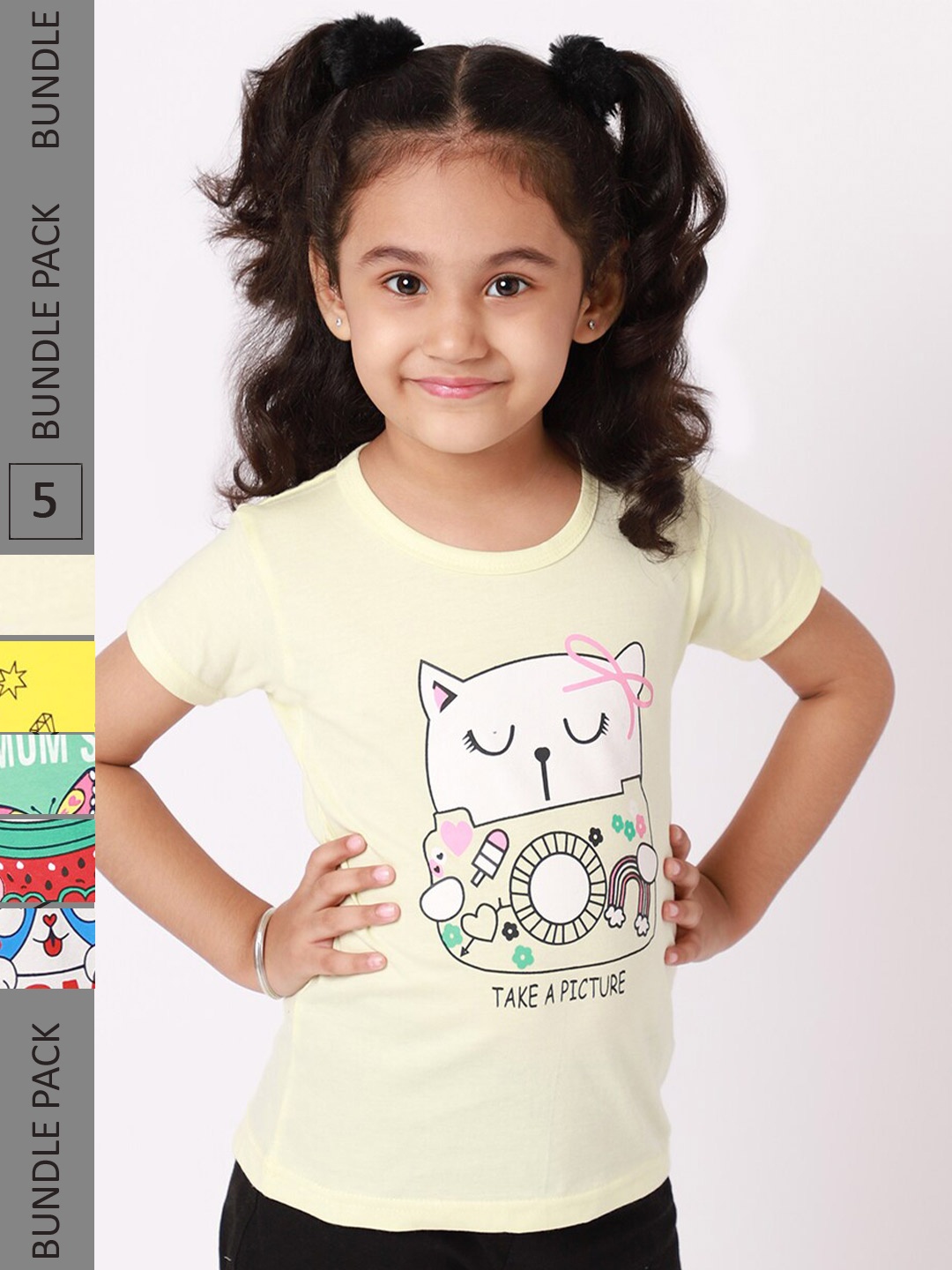 

BAESD Girls Pack Of 5 Printed Cotton T-shirt, Cream