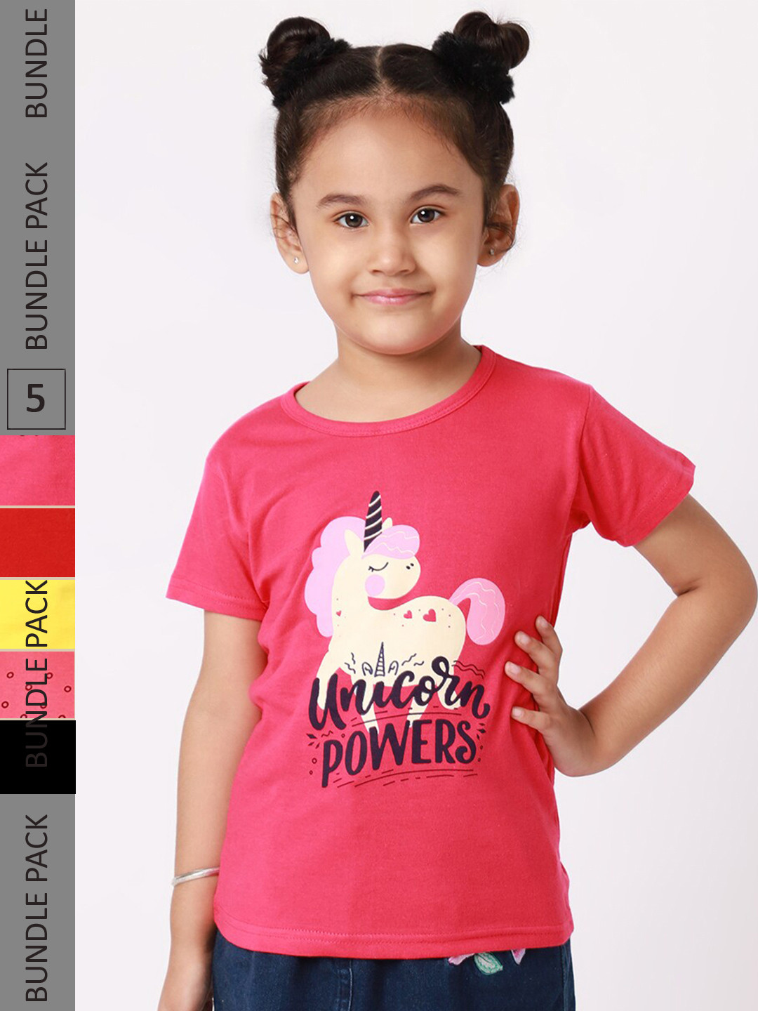 

BAESD Girls Pack Of 5 Graphic Printed Cotton T-Shirt, Pink