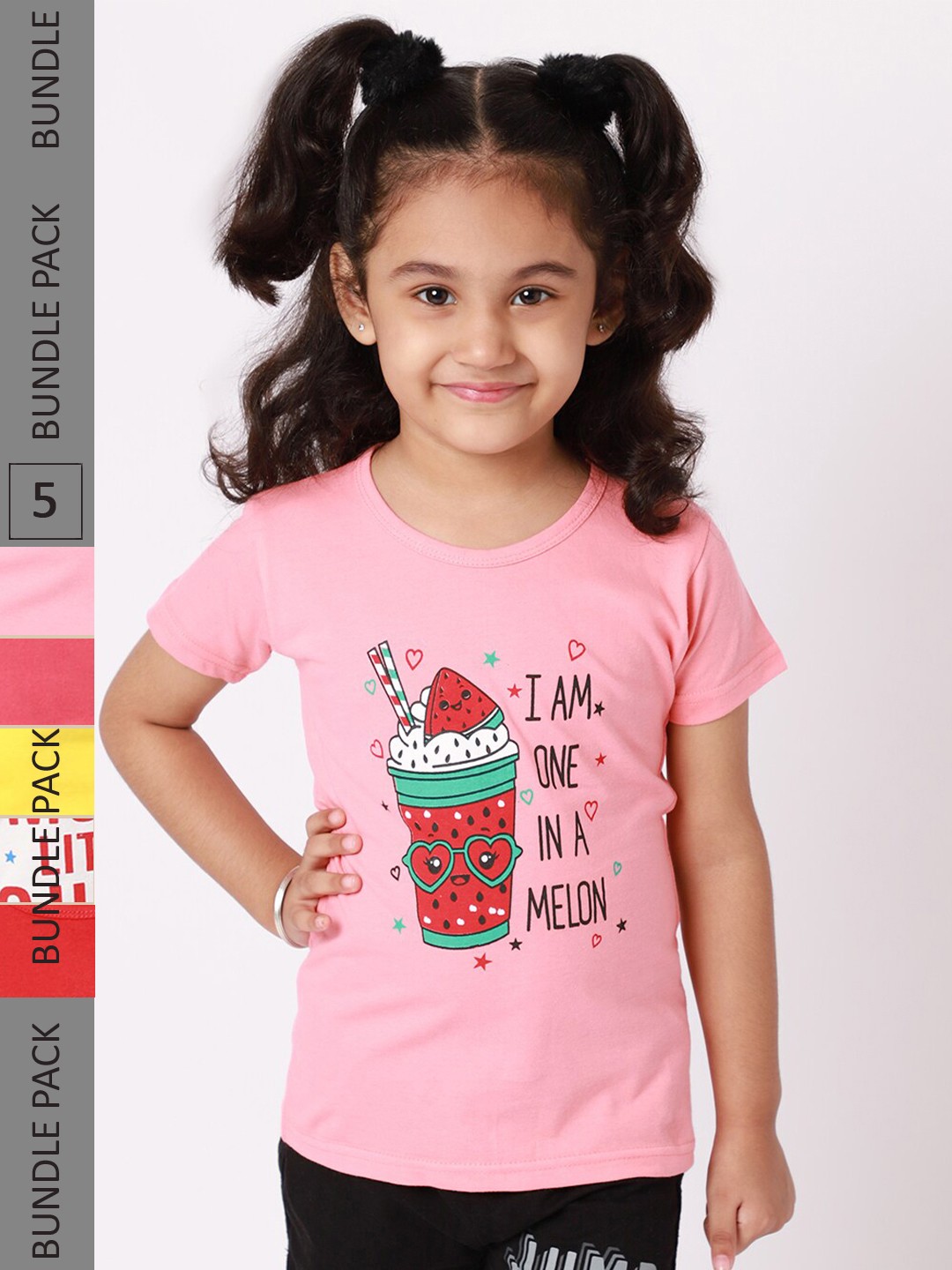 

BAESD Girls Pack of 5 Typography Printed Cotton T-shirts, Pink