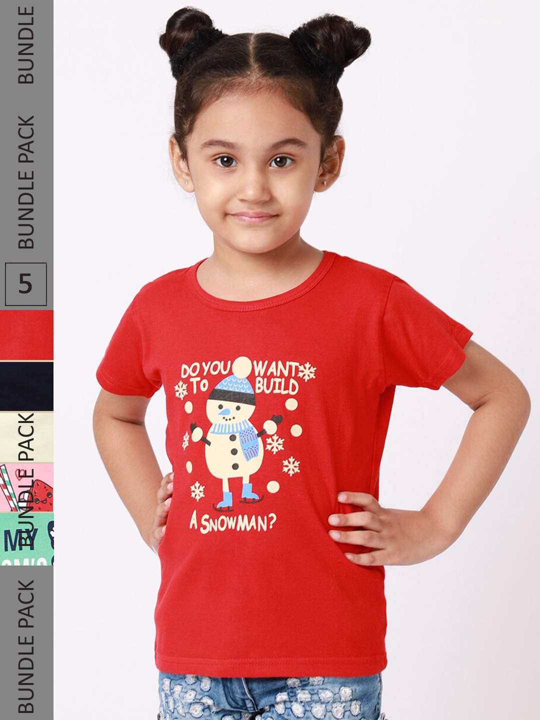 

BAESD Girls Pack Of 5 Typography Printed Cotton T-shirt, Red