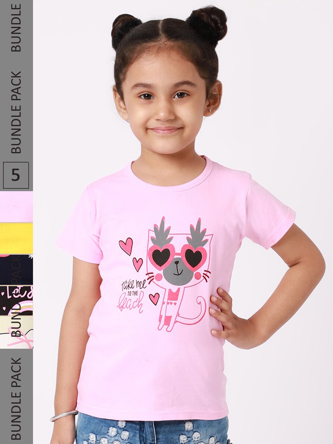 

BAESD Girls Pack Of 5 Graphic Printed Cotton T-shirts, Yellow