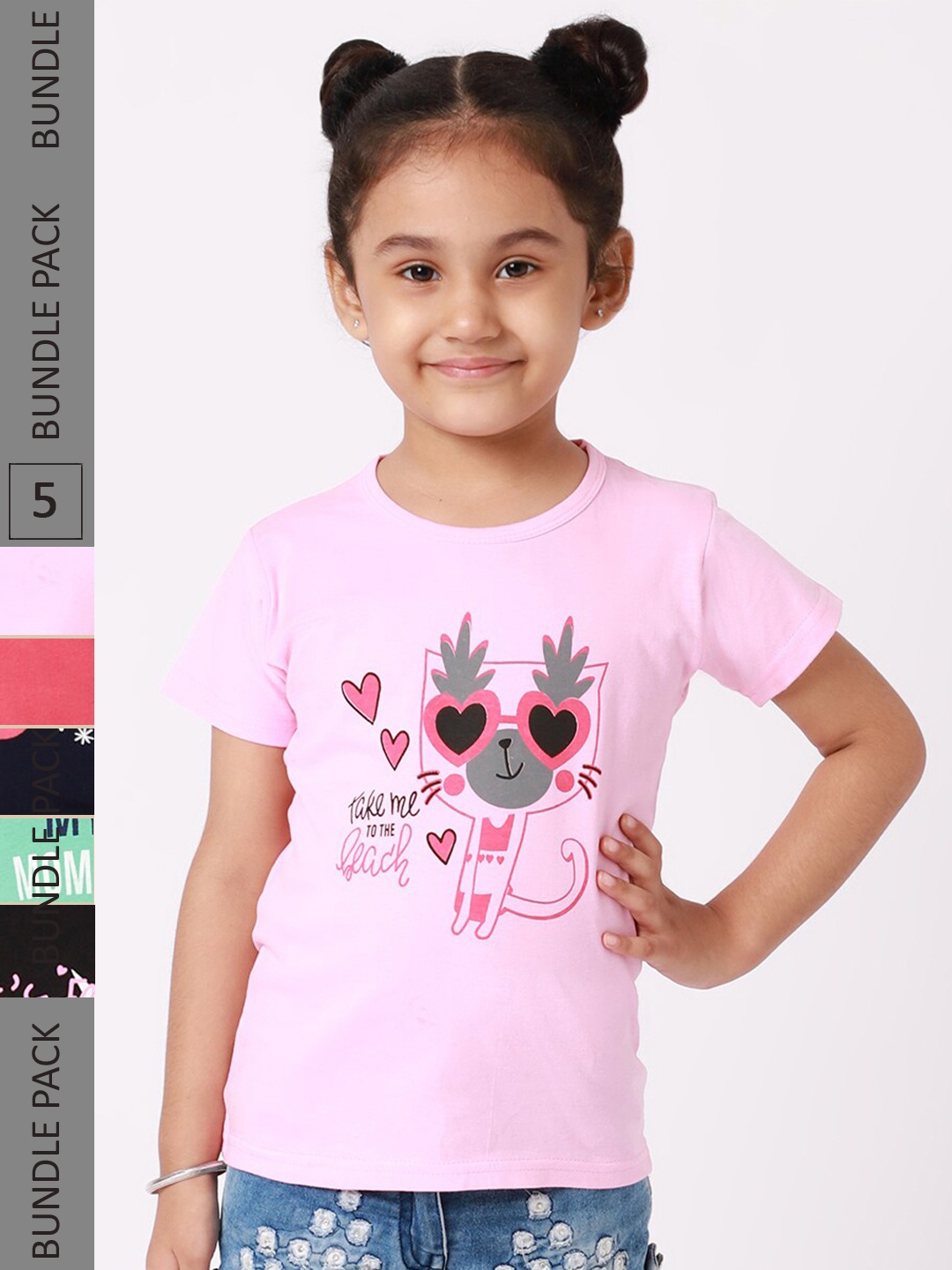 

BAESD Girls Pack Of 5 Typography Printed Cotton T-Shirts, Pink