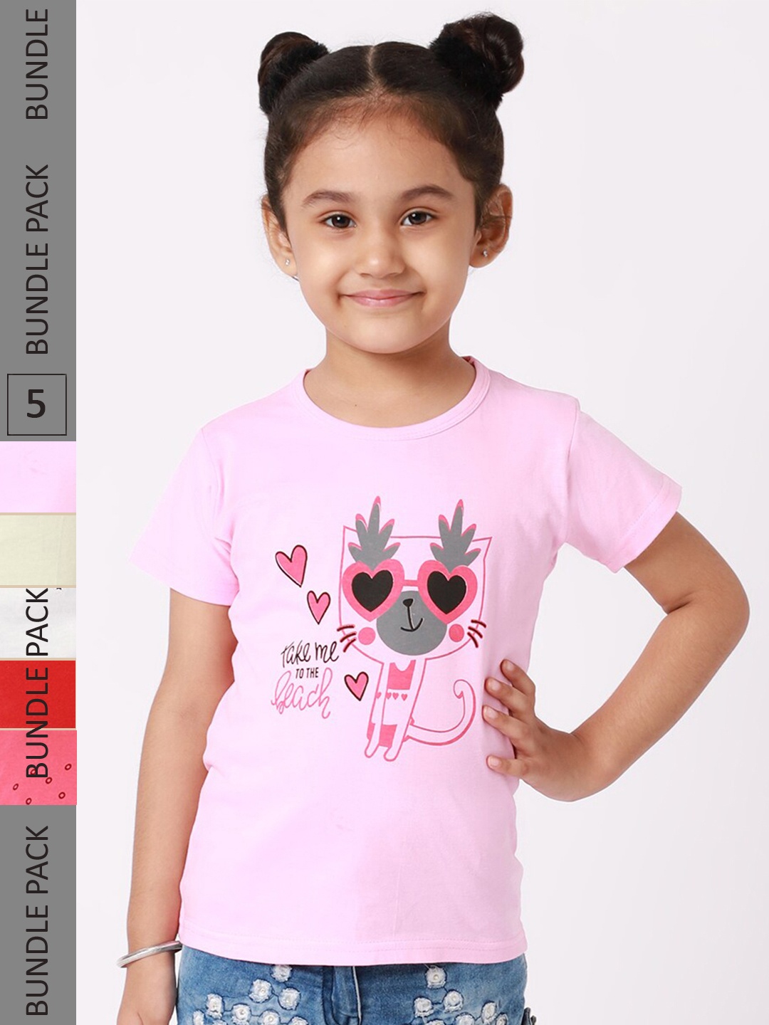 

BAESD Girls Pack Of 5 Printed Cotton T-shirt, Pink