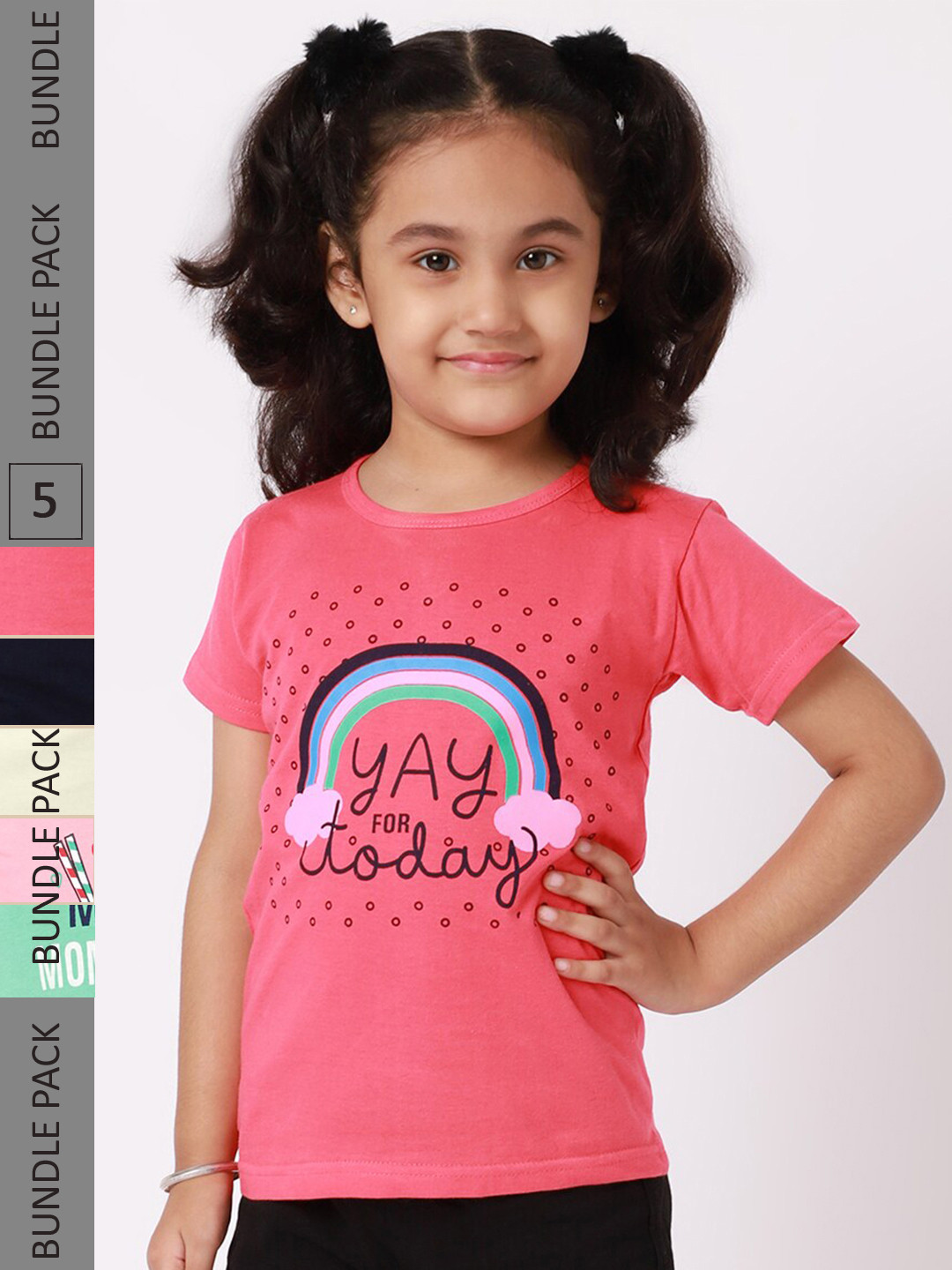 

BAESD Girls Pack Of 5 Typography Printed Cotton T-shirt, Pink