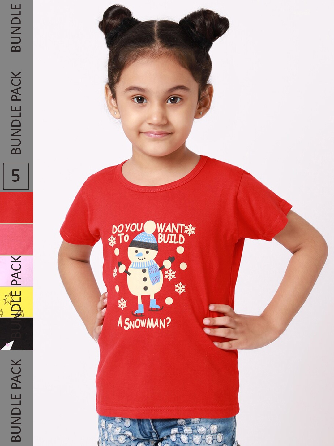 

BAESD Girls Pack Of 5 Printed Cotton Regular Fit T-shirts, Red