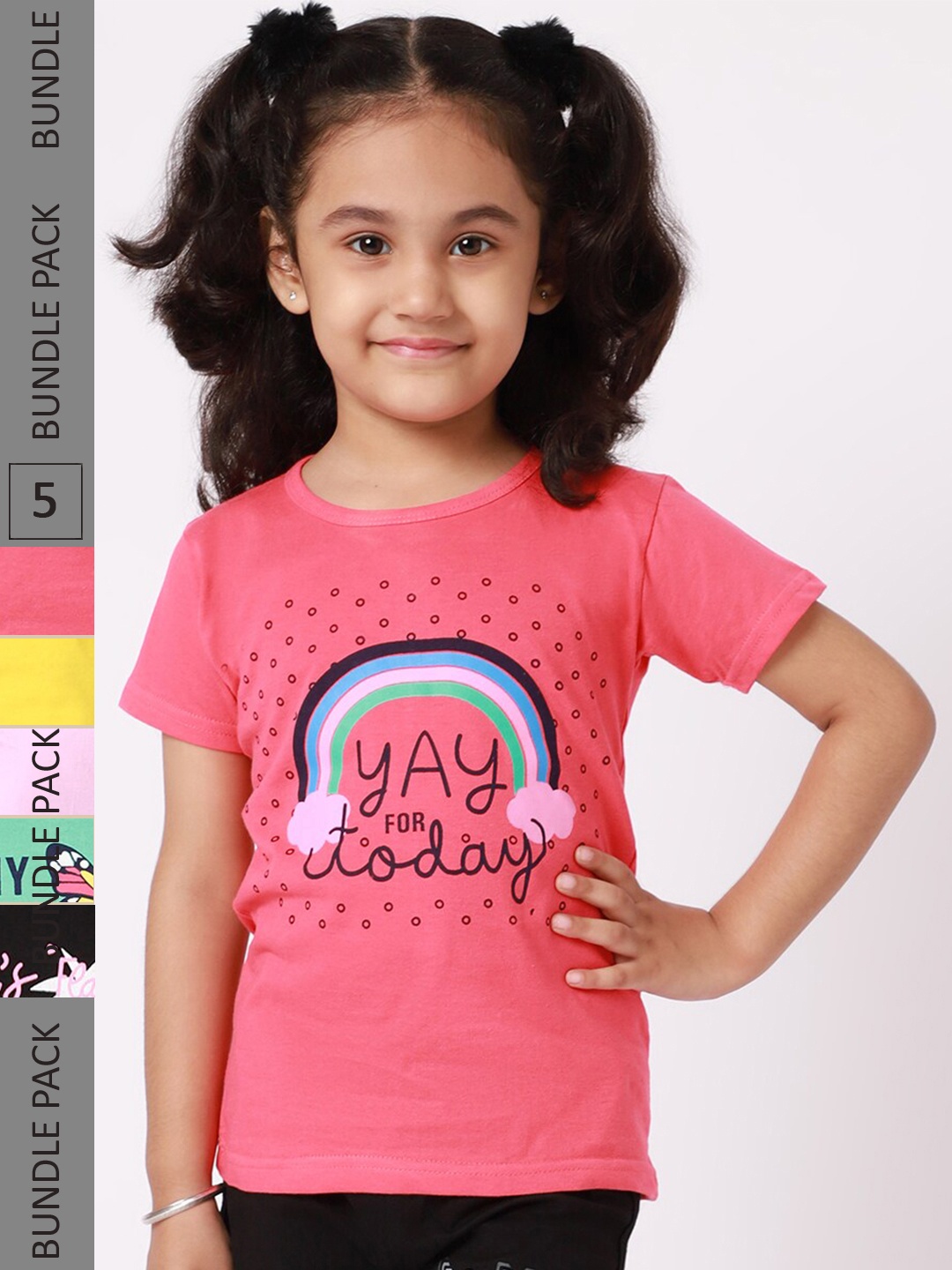 

BAESD Girls Pack Of 5 Typography Printed Round Neck Cotton T-shirt, Pink