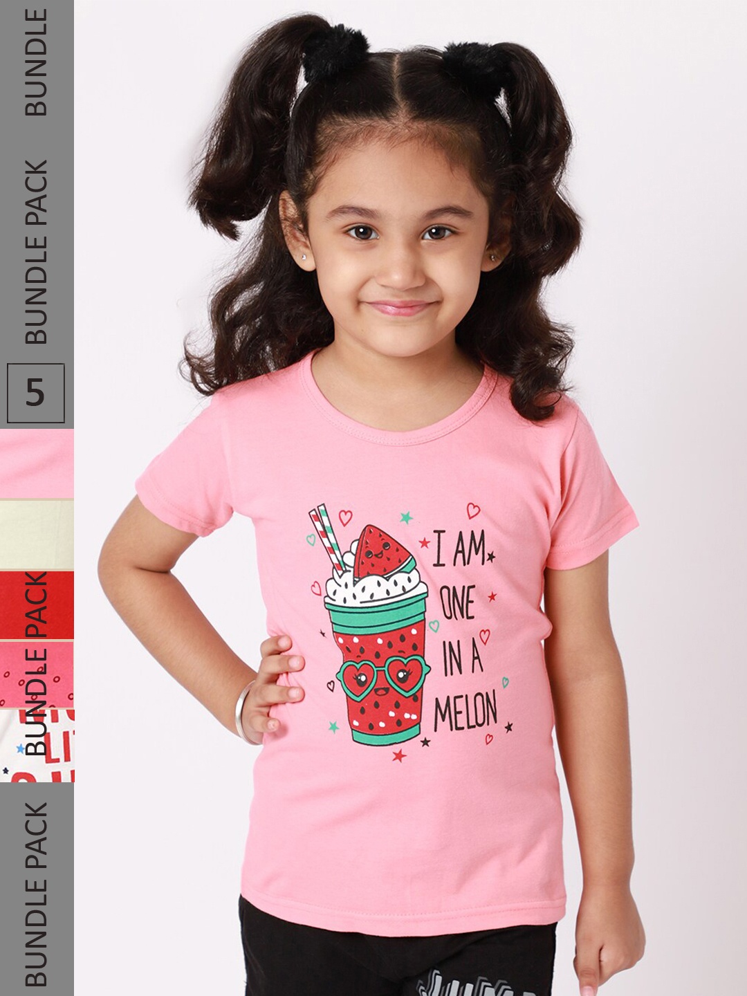 

BAESD Girls Pack Of 5 Graphic Printed Cotton T-shirts, Pink