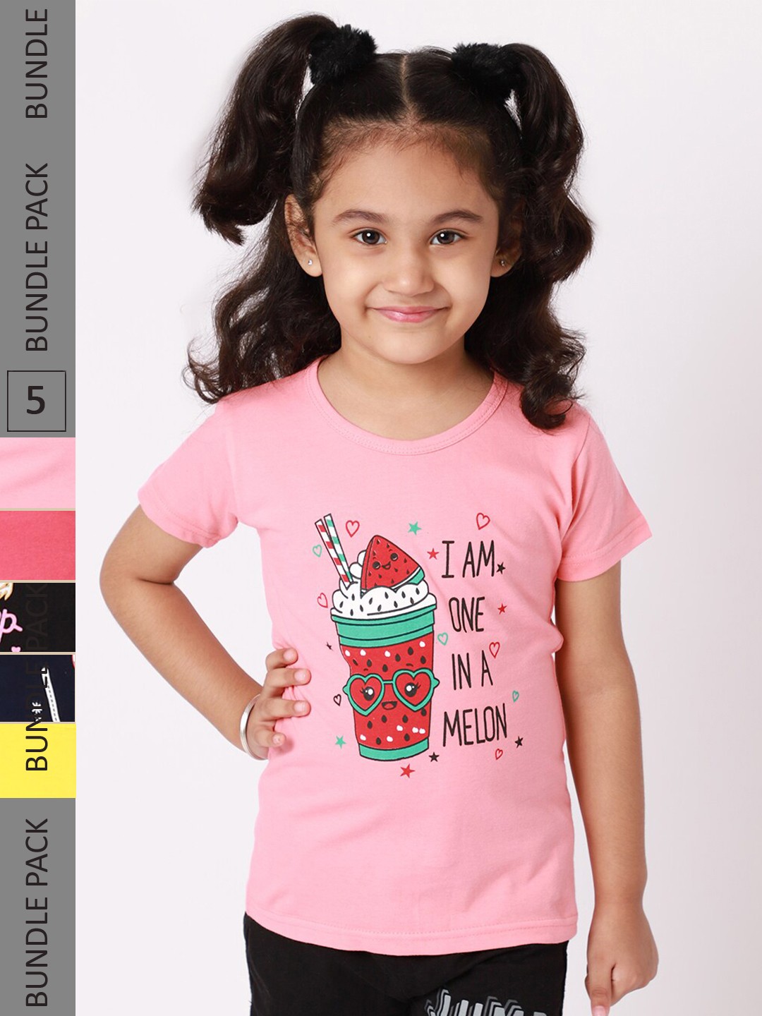 

BAESD Girls Pack Of 5 Printed Cotton T-Shirt, Pink