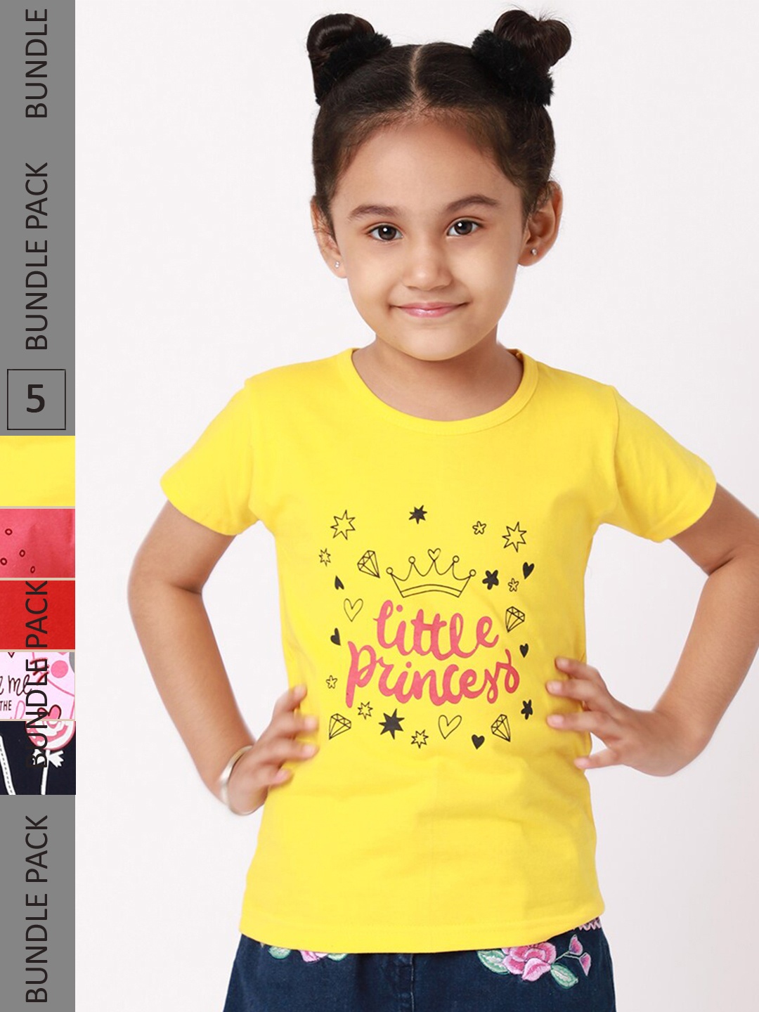 

BAESD Girls Pack Of 5 Typography Printed Round Neck Cotton T-shirt, Yellow