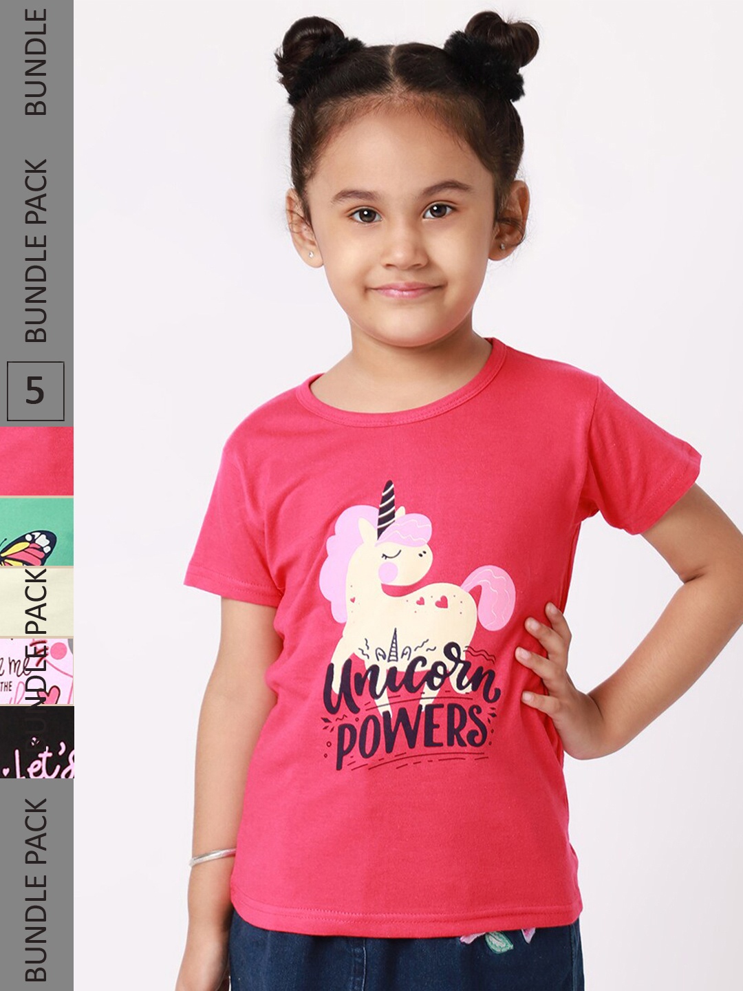 

BAESD Girls Pack Of 5 Printed Cotton T-shirt, Pink