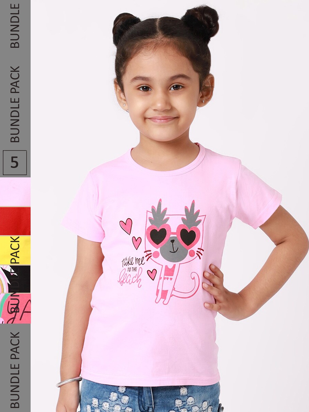

BAESD Girls Pack Of 5 Graphic Printed Knitted Cotton T-Shirts, Pink