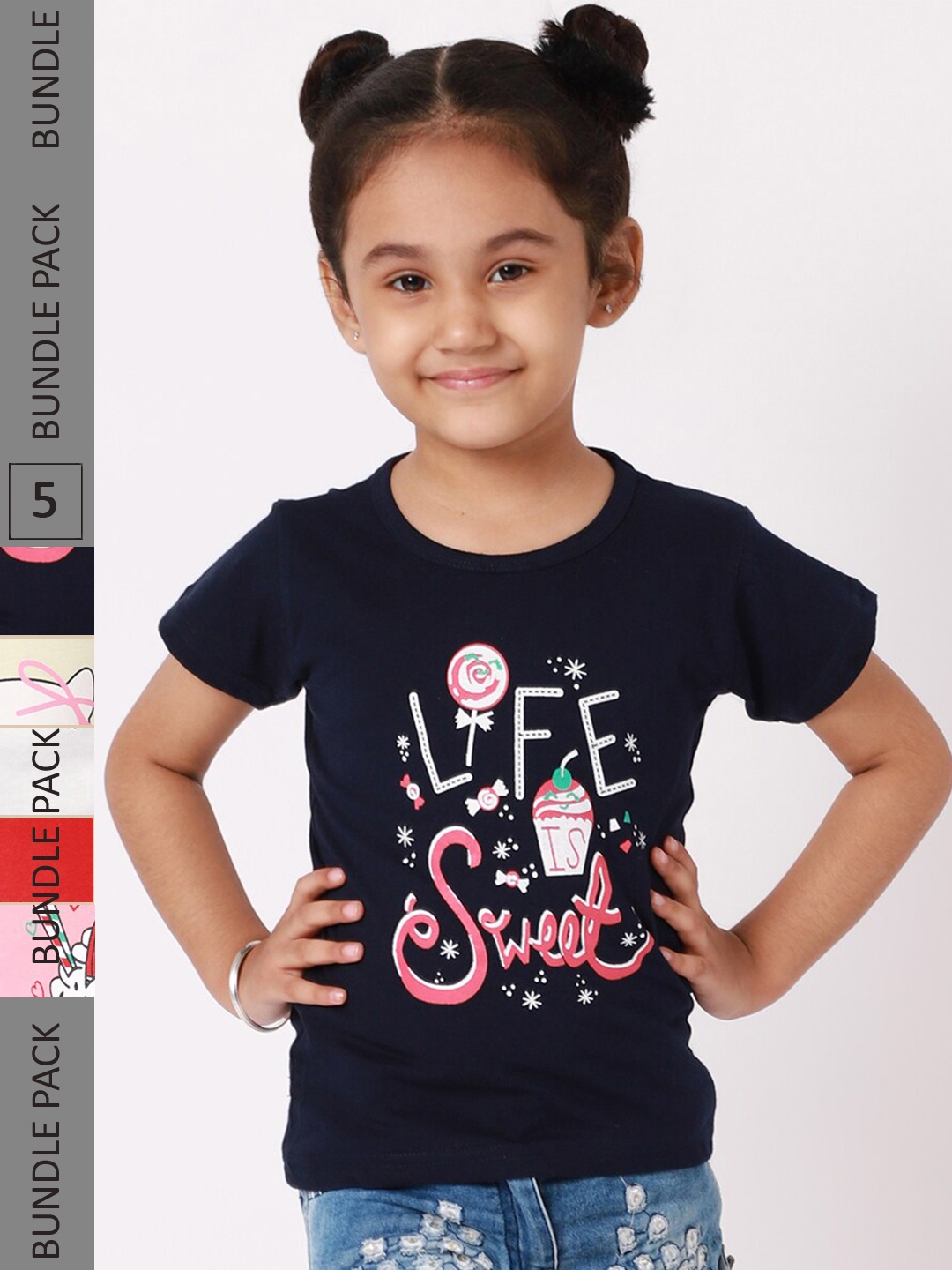 

BAESD Pack Of 5 Girls Typography Printed Cotton Casual T Shirts, Navy blue