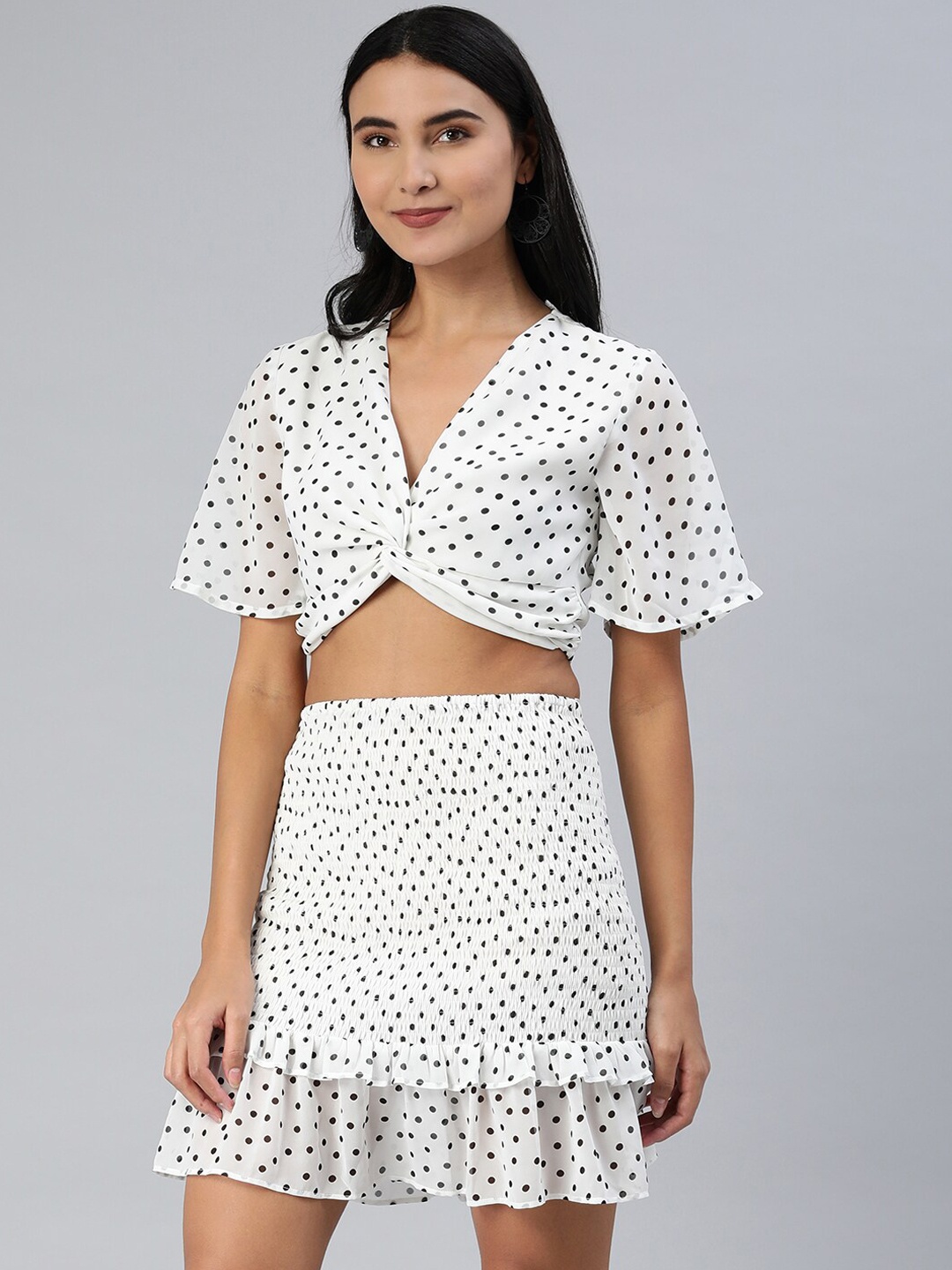 

HERE&NOW Polka Dot Printed V-Neck Crop Top & Skirt, White