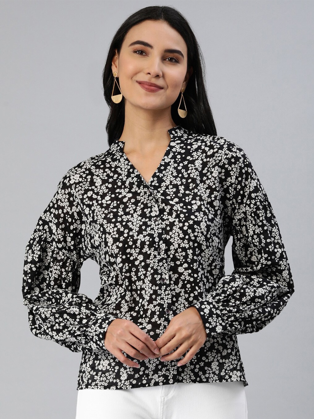 HERE&NOW Black & White Comfort Slim Fit Floral Printed Casual Pure Cotton Shirt