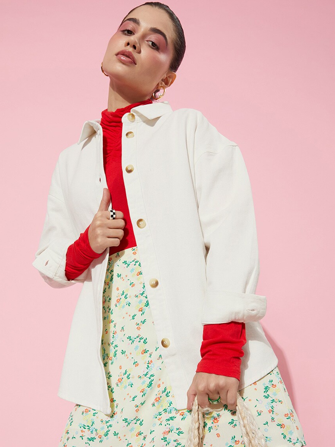 

HERE&NOW White Comfort Boxy Casual Denim Cotton Shirt