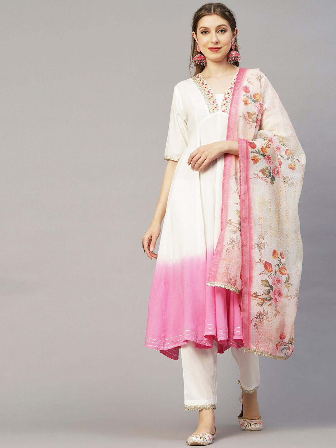 

FASHOR Pink & Off-White Dyed Anarkali Work Pure Cotton Kurta with Trousers & Dupatta