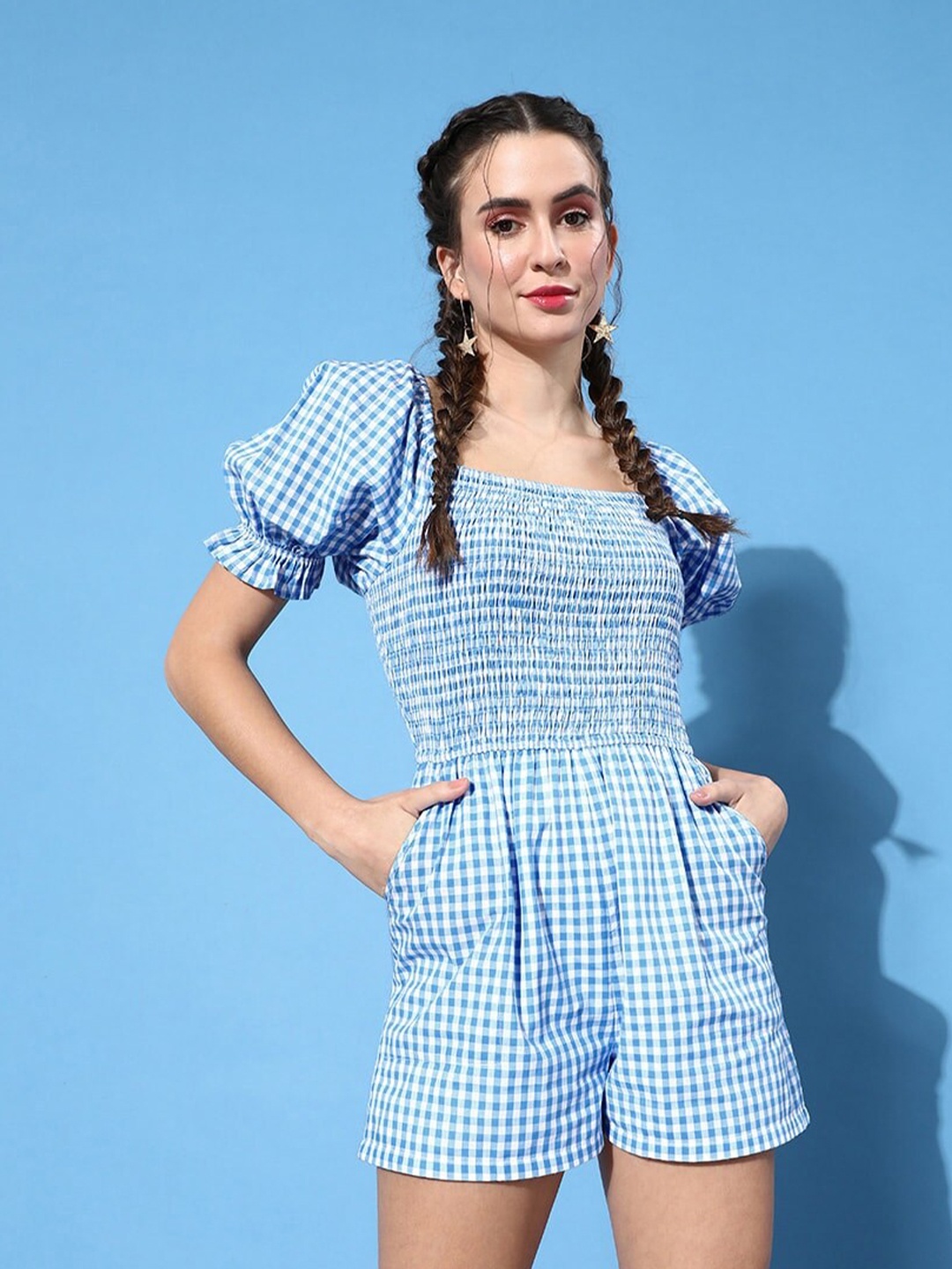 

HERE&NOW Blue & White Checked Square Neck Playsuit