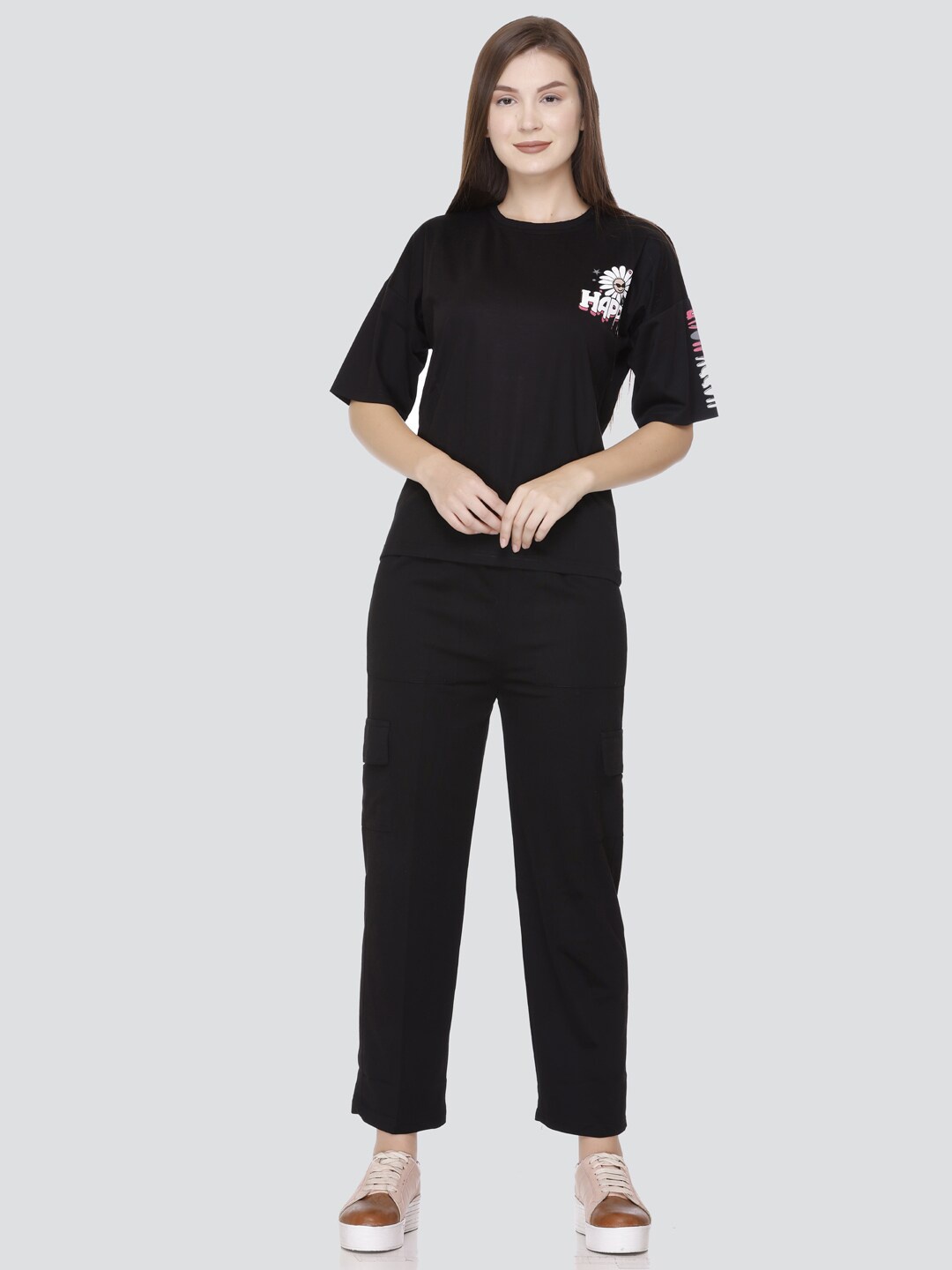 

PRINCY KNITWEARS Floral Printed T-Shirt & Trouser Co-Ords Set, Black