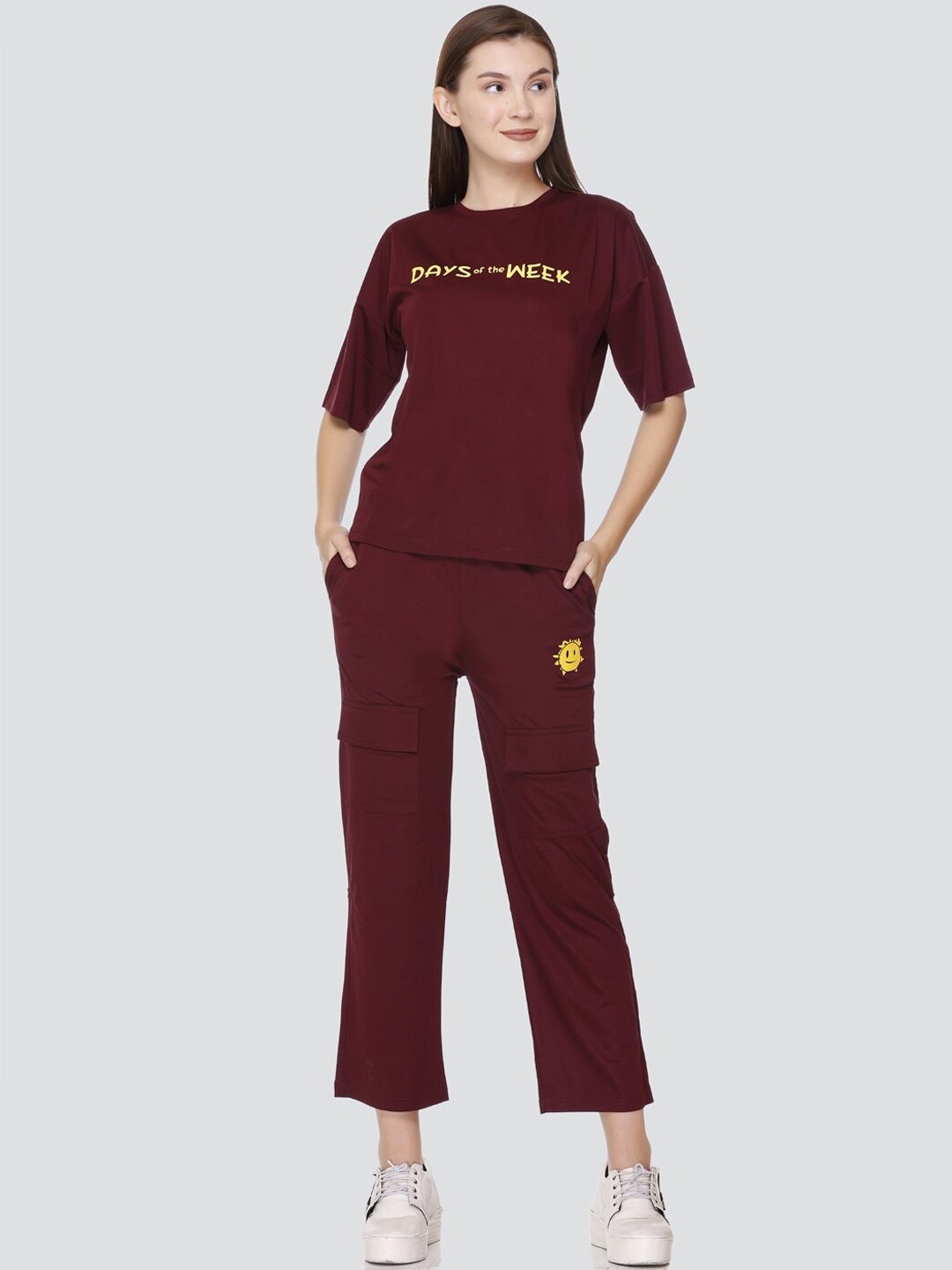 

PRINCY KNITWEARS Typography Printed T-Shirt & Trouser Co-Ords Set, Maroon