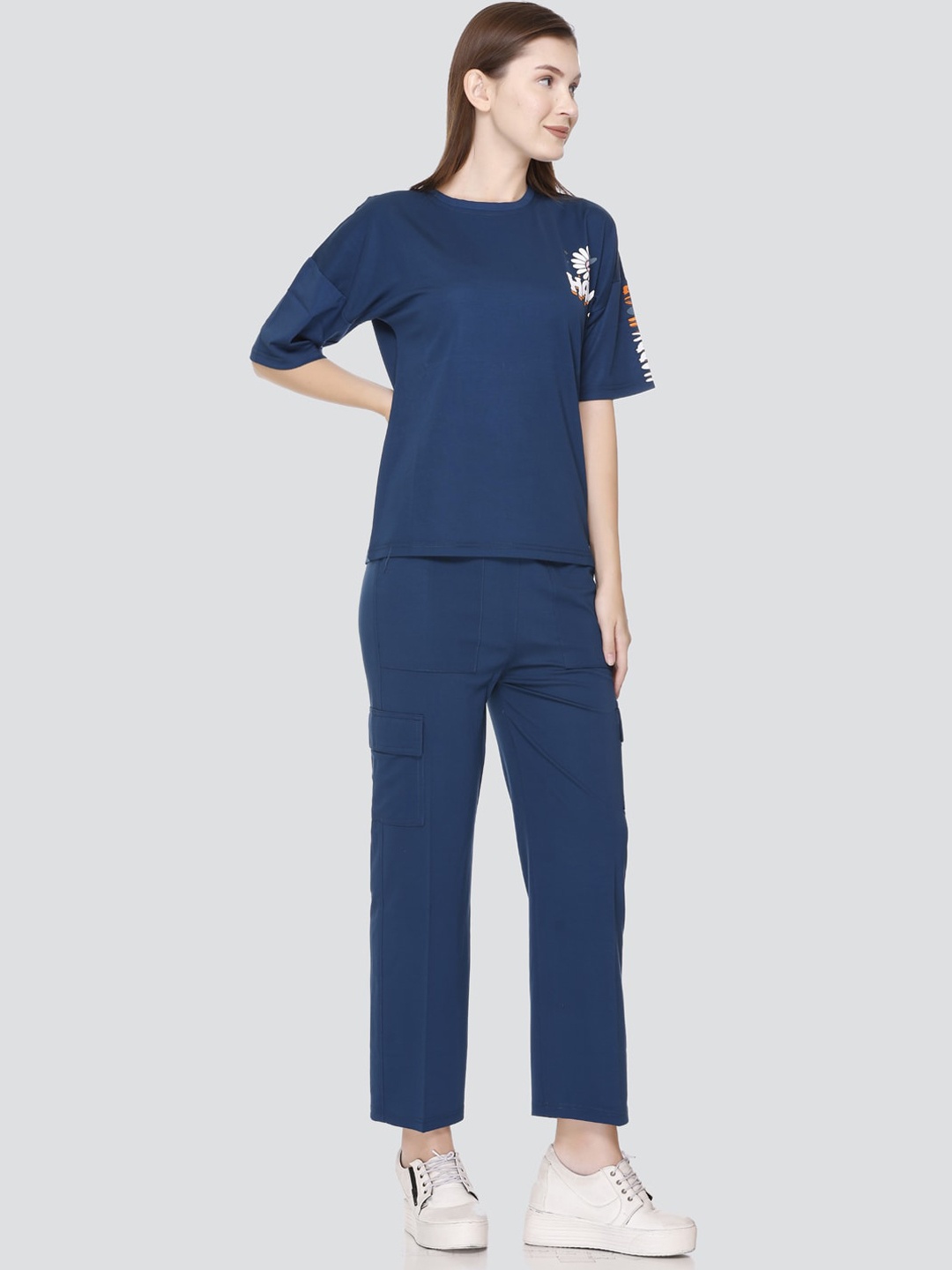 

PRINCY KNITWEARS Floral Printed T-Shirt & Trouser Co-Ords Set, Navy blue