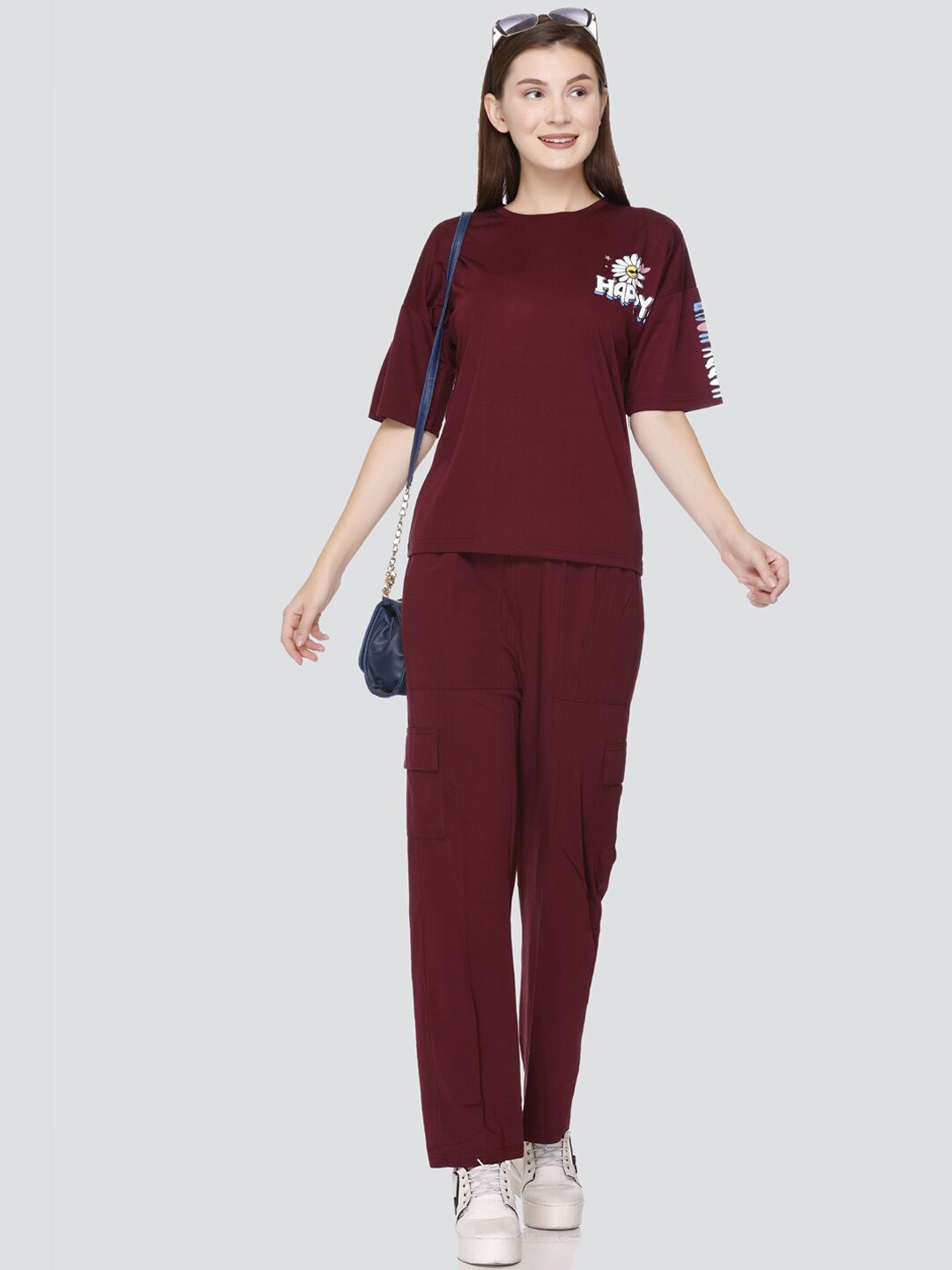 

PRINCY KNITWEARS Floral Printed T-Shirt & Trouser Co-Ords Set, Maroon