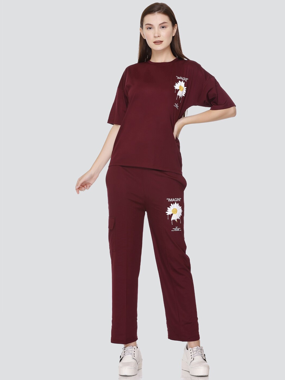 

PRINCY KNITWEARS Floral Printed T-Shirt & Trouser Co-Ords Set, Maroon