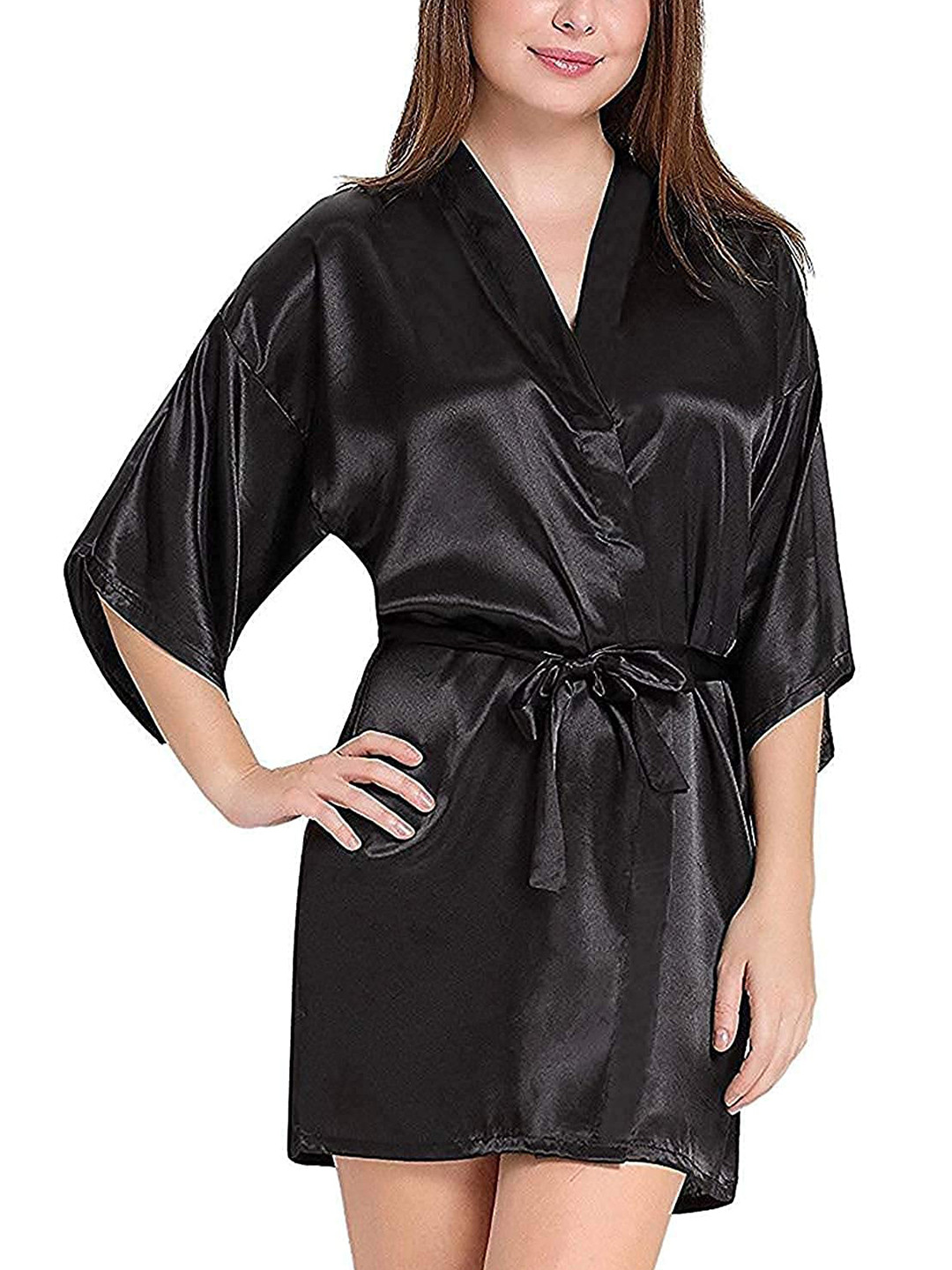 

VAGHBHATT V-Neck Waist Tie-up Mini Length Robe, Black
