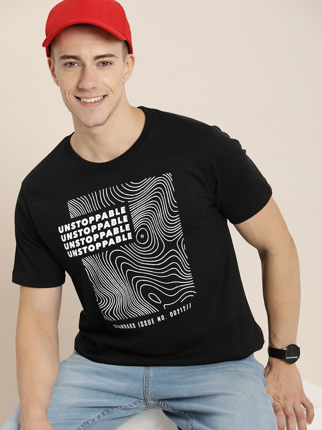 

HERE&NOW Men Typography Printed Pure Cotton T-shirt, Black