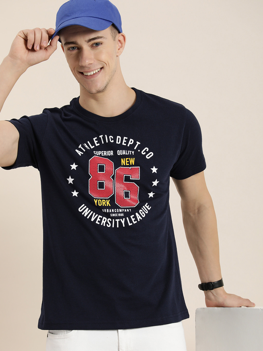 

HERE&NOW Men Typography Printed Pure Cotton T-shirt, Navy blue