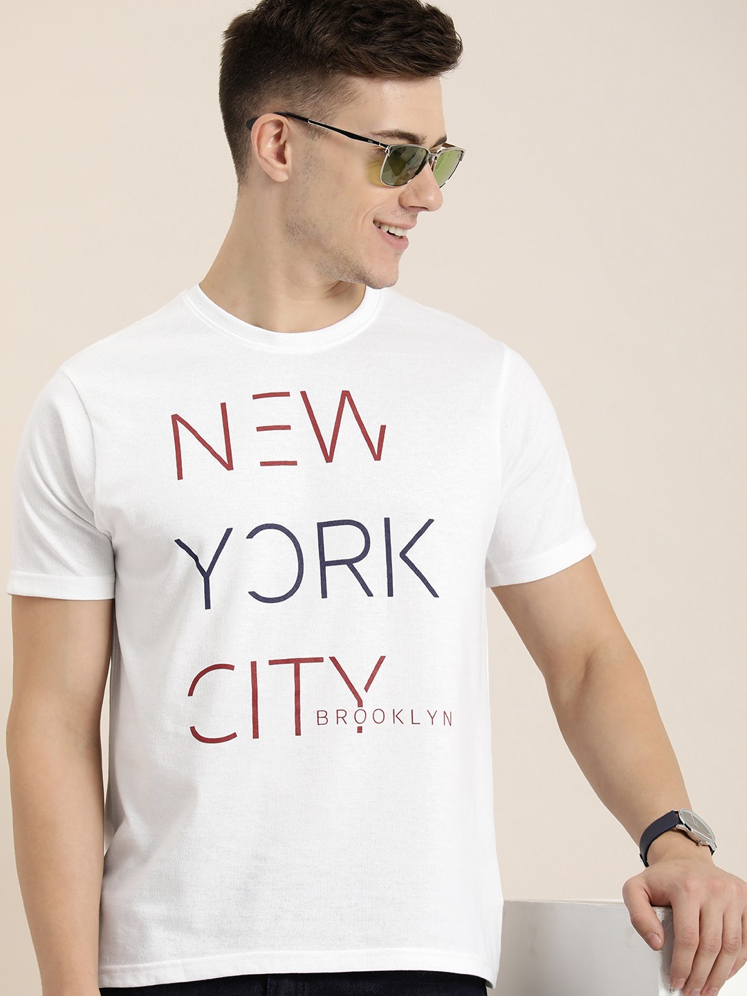 

HERE&NOW Men Typography Printed Pure Cotton T-shirt, White