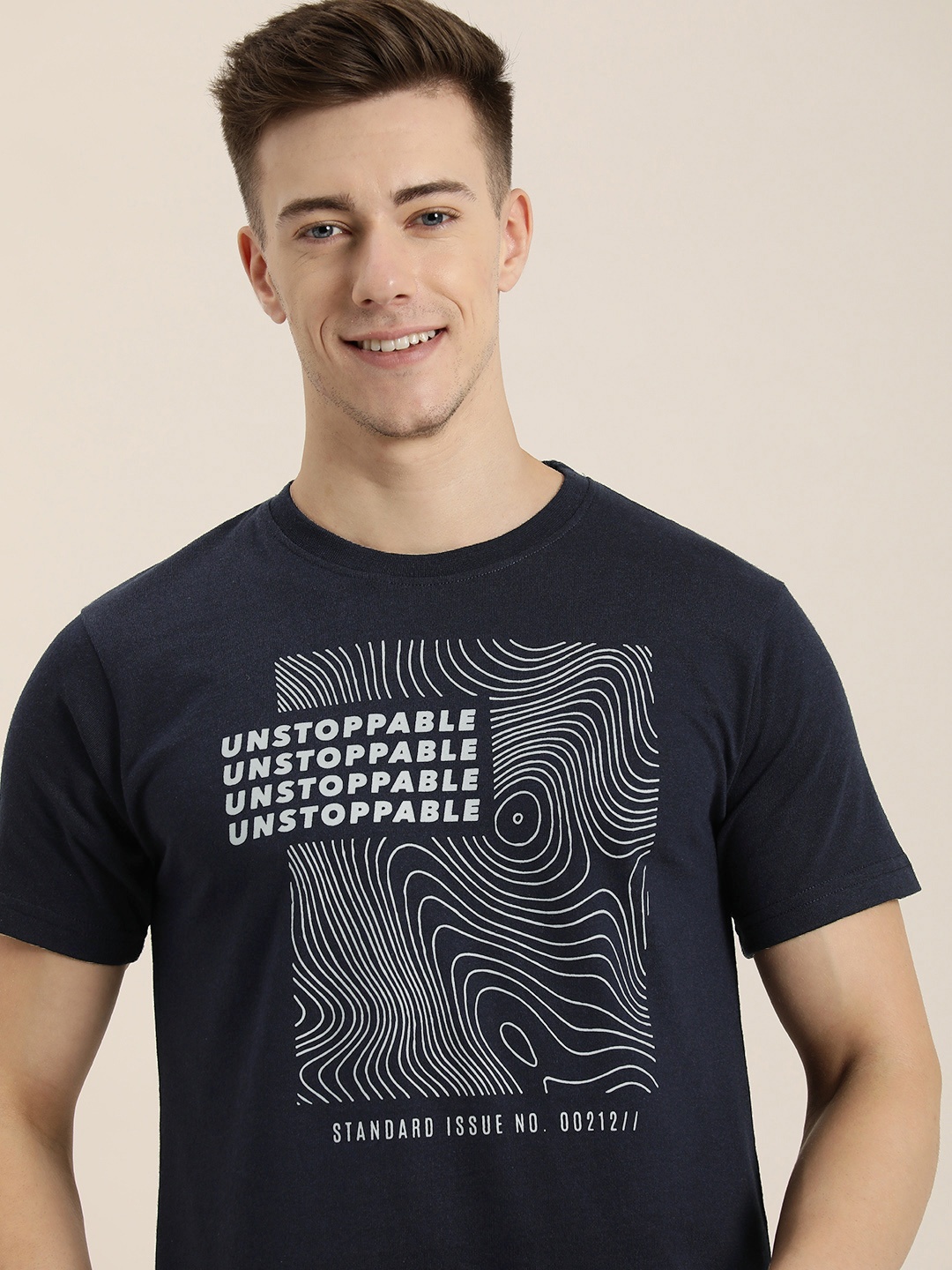 

HERE&NOW Men Typography Printed Pure Cotton T-shirt, Navy blue