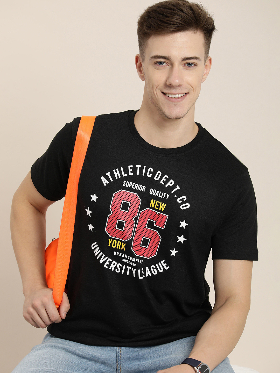 

HERE&NOW Men Typography Printed Pure Cotton T-shirt, Black