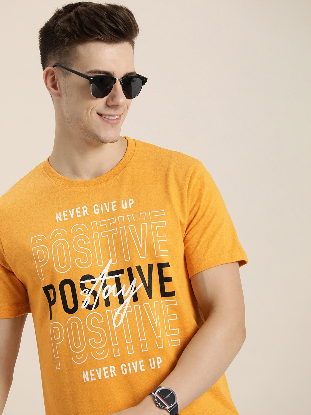

HERE&NOW Men Typography Printed Pure Cotton T-shirt, Mustard