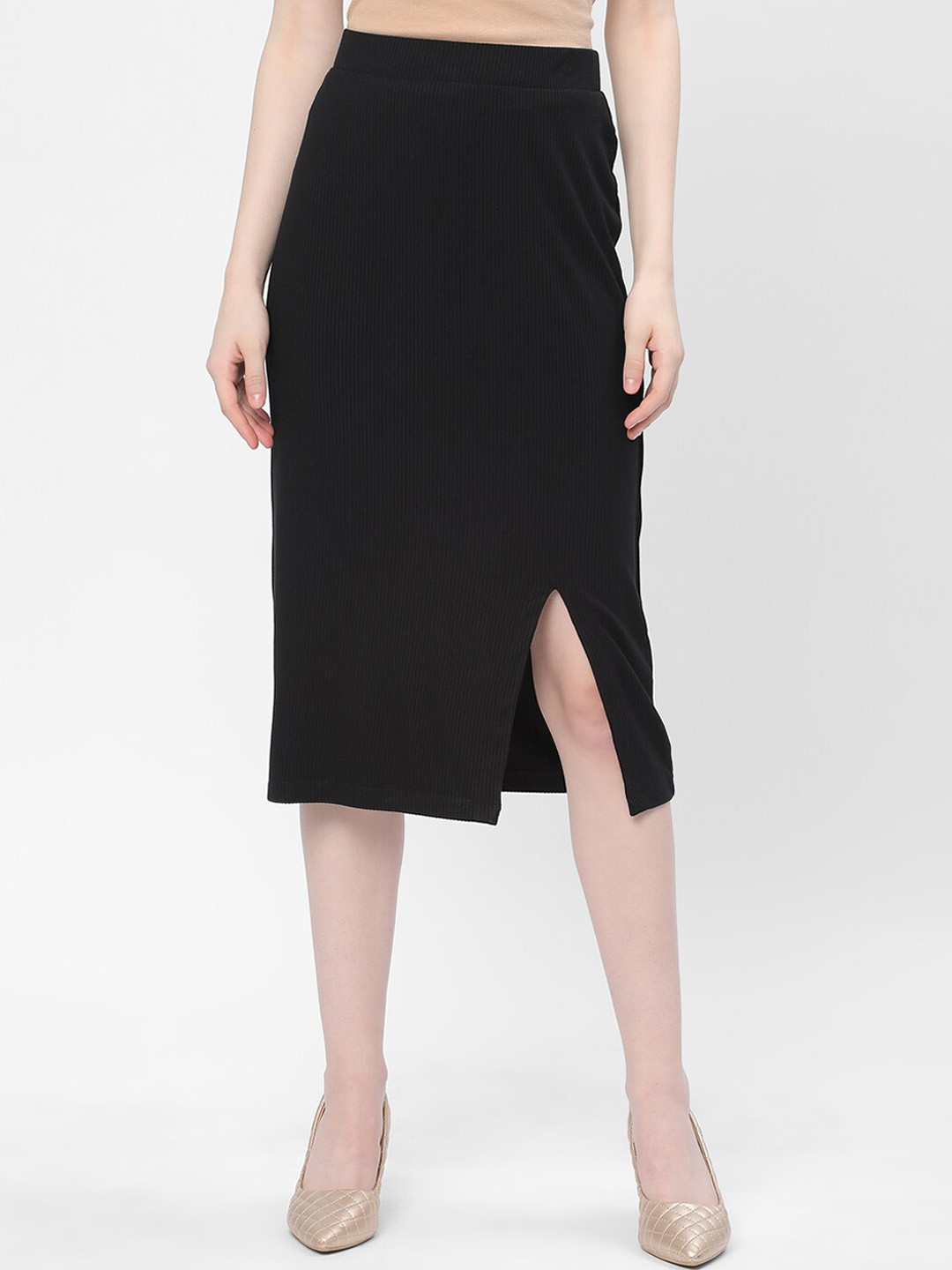 

R&B Ribbed Knee Length Slit A-Line Skirt, Black