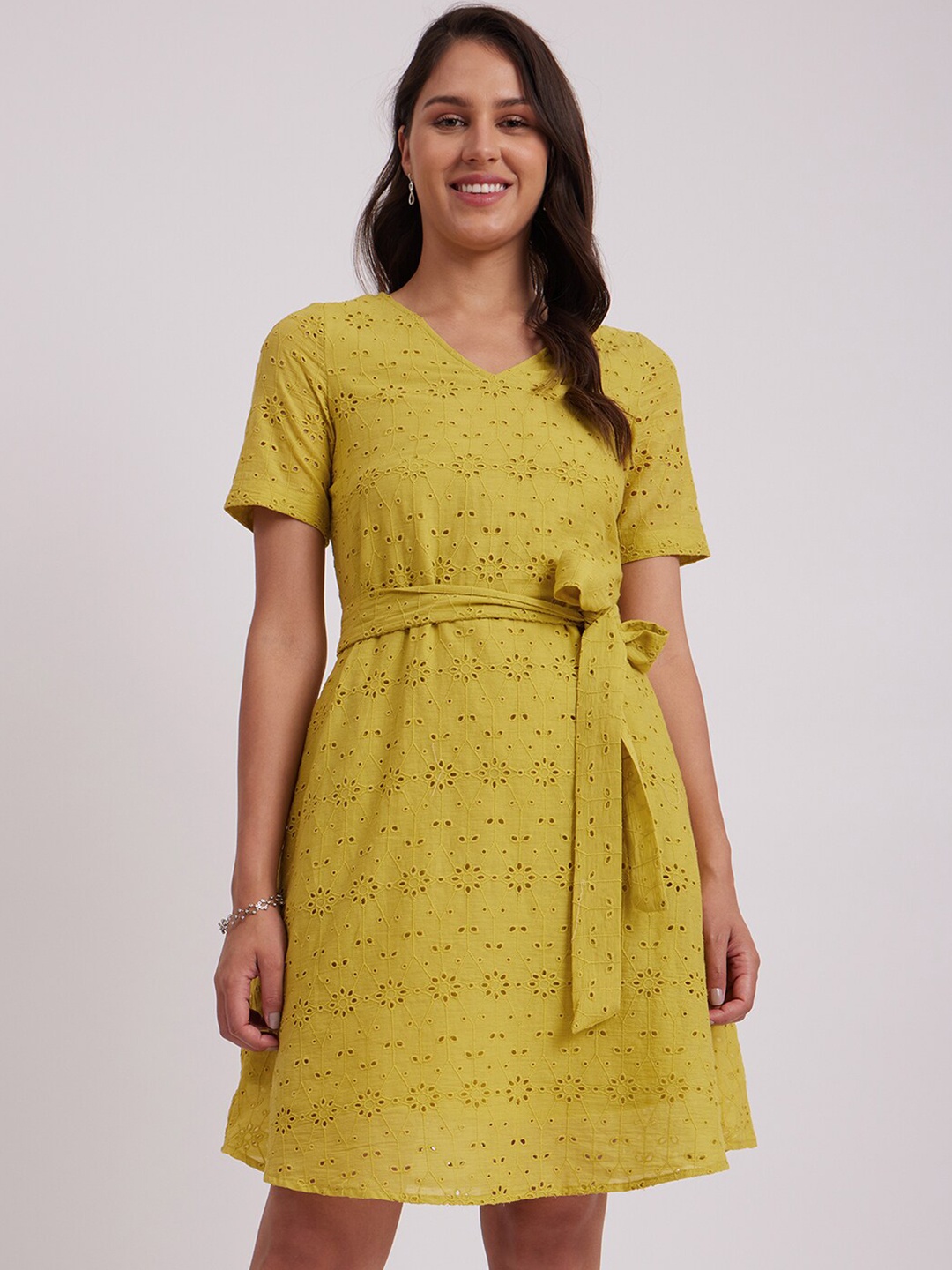 

FableStreet Self Design V-Neck Schiffli Belted Cotton A-Line Dress, Yellow